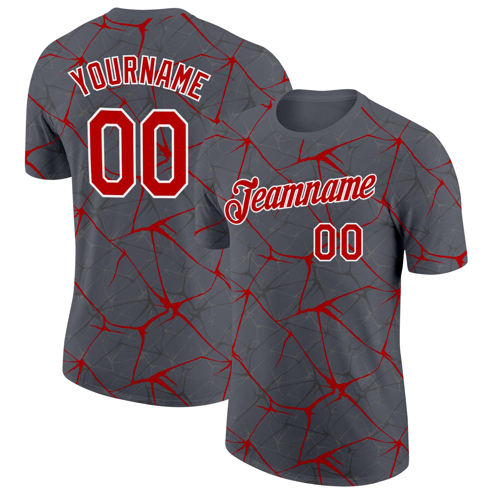 Custom Steel Gray Red-White Abstract Network Crackle Performance T-Shirt