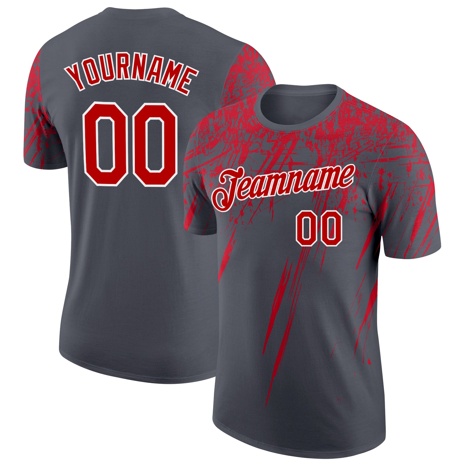 Custom Steel Gray Red-White Distressed Scratch Brush Stroke Performance T-Shirt