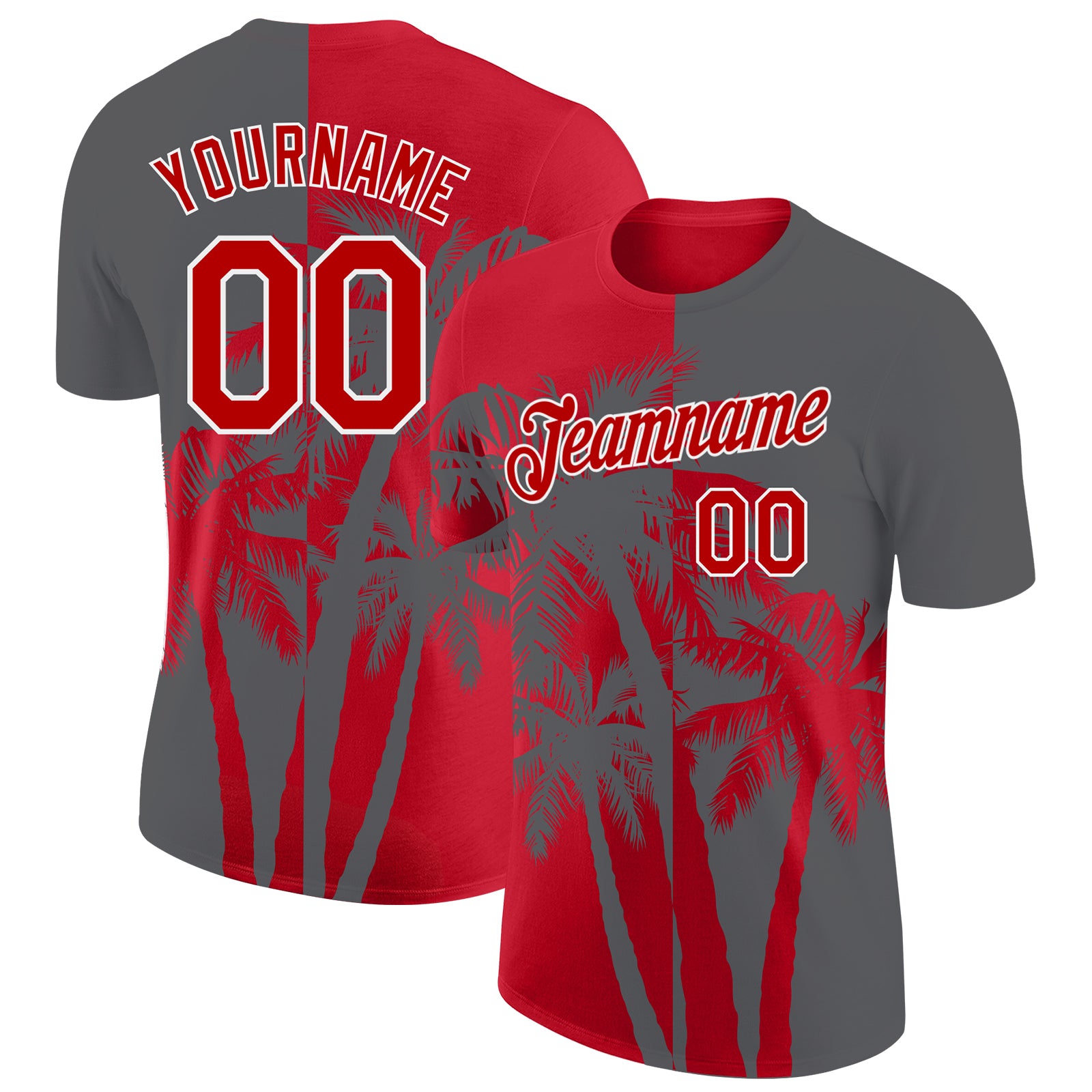 Custom Steel Gray Red-White Hawaii Tropical Coastal Palm Trees Performance T-Shirt