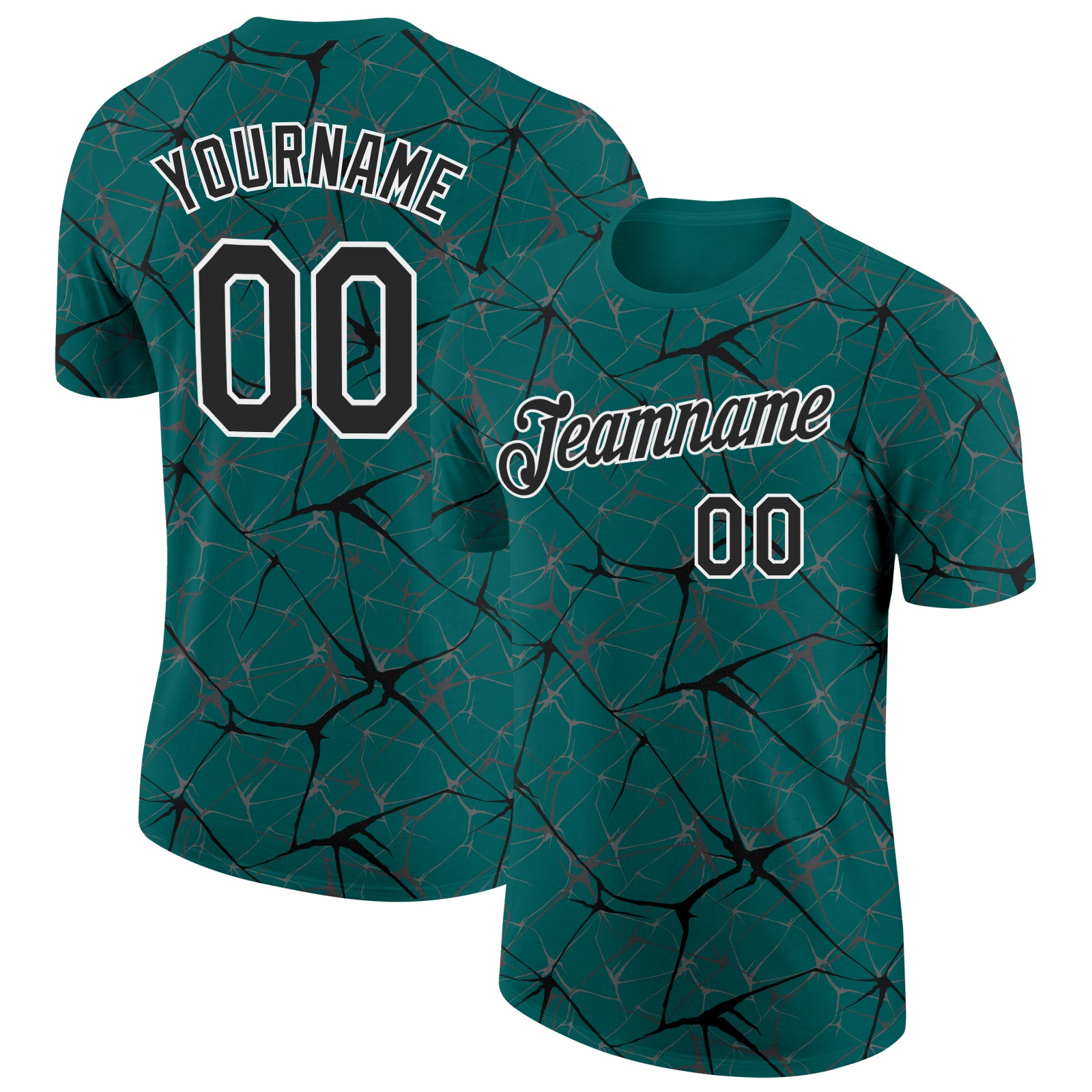 Custom Teal Black Gray-White Abstract Network Crackle Performance T-Shirt