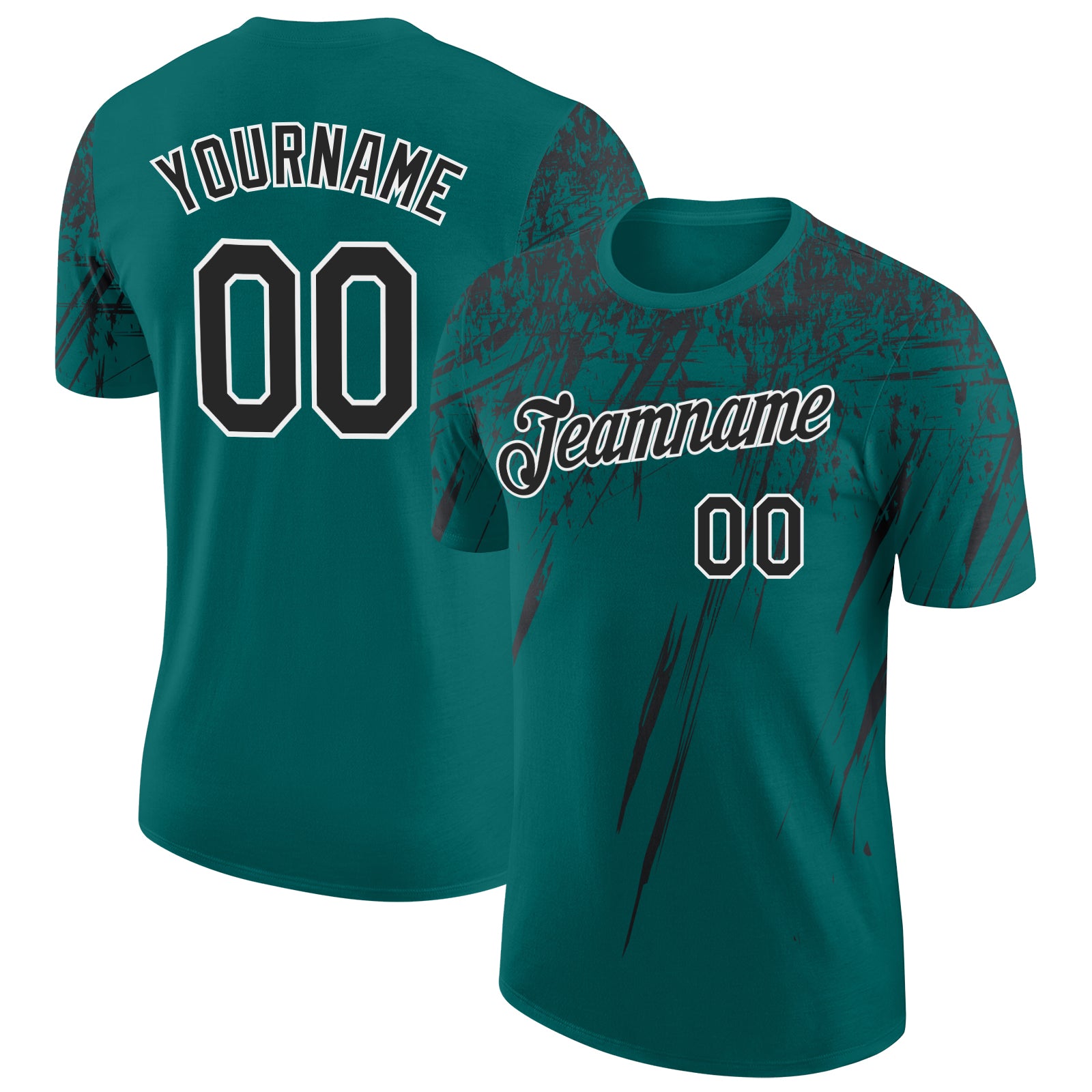 Custom Teal Black-White Distressed Scratch Brush Stroke Performance T-Shirt