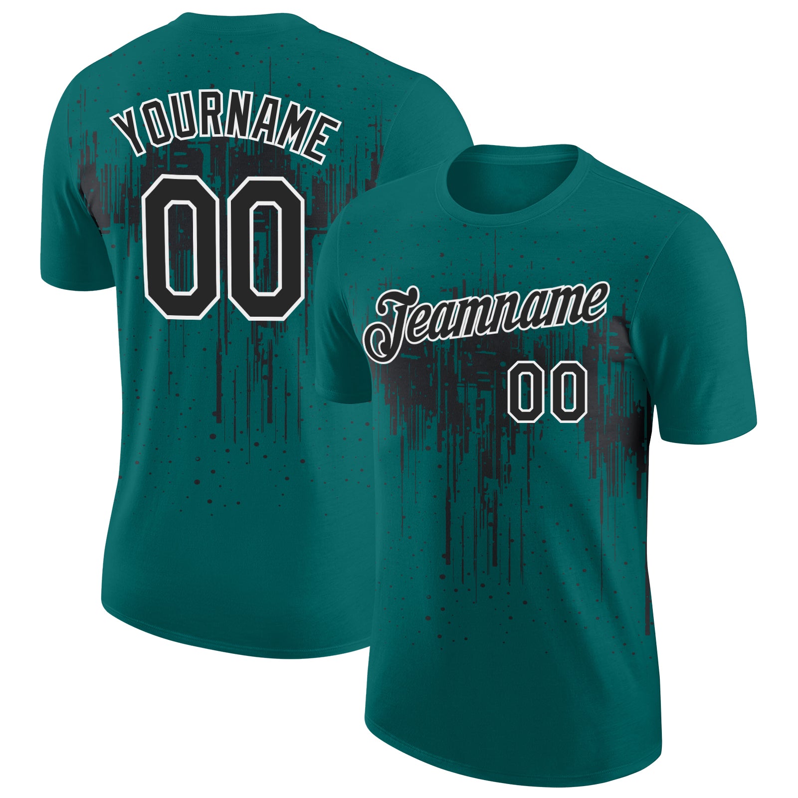 Custom Teal Black-White Dripping Splatter Paint Performance T-Shirt