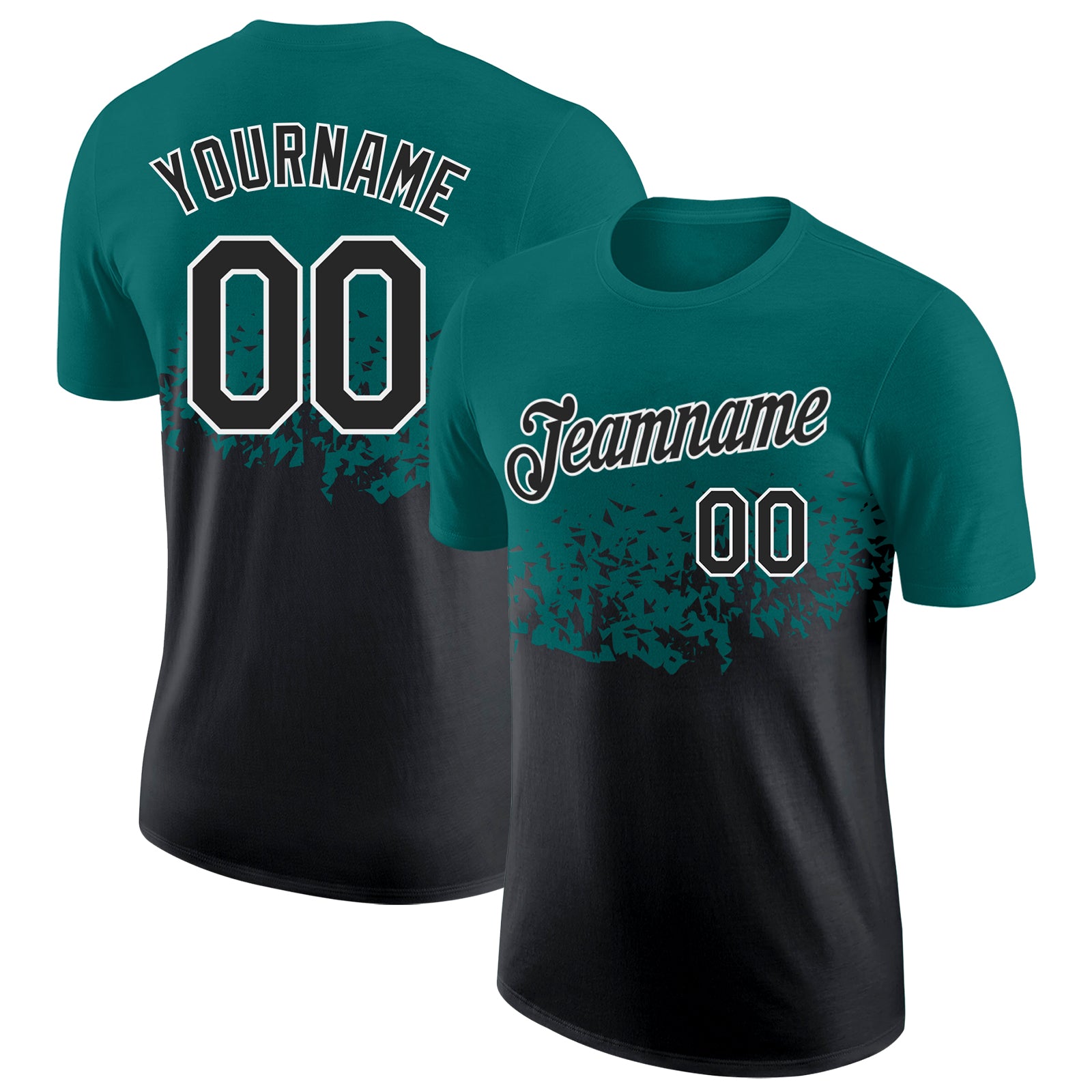 Custom Teal Black-White Fade Geometric Splatter Fragmented Shards Performance T-Shirt