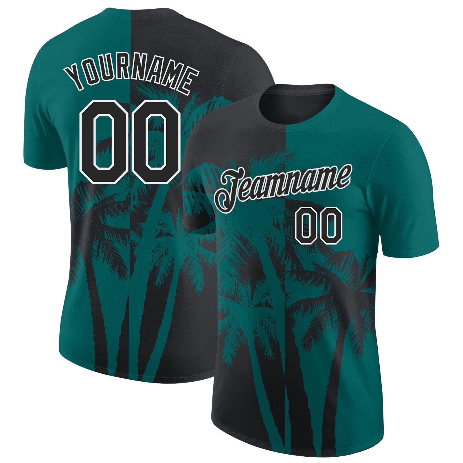 Custom Teal Black-White Hawaii Tropical Coastal Palm Trees Performance T-Shirt