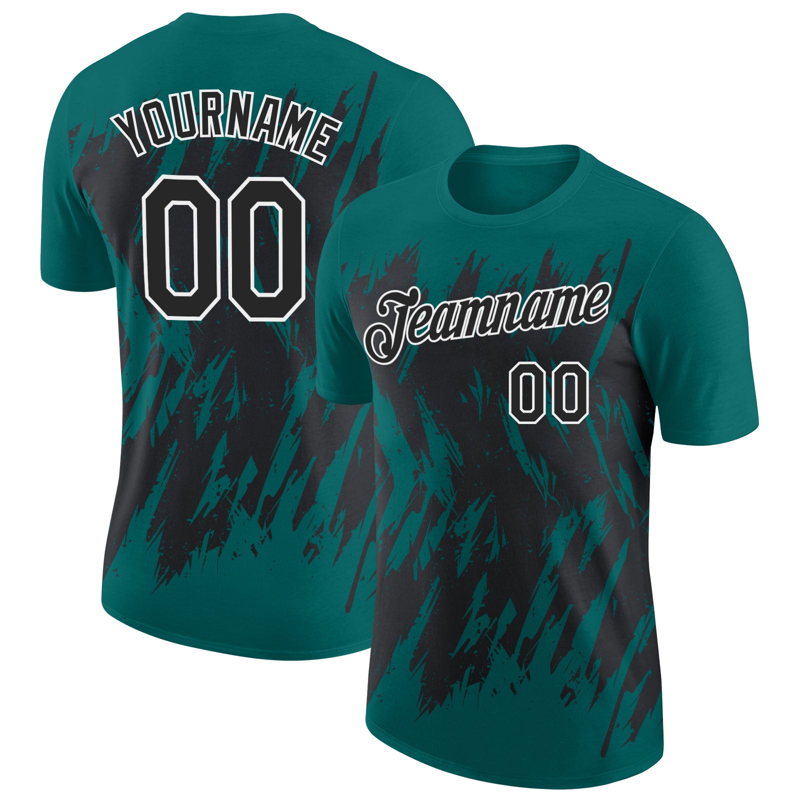 Custom Teal Black-White Torn Sharp Brush Stroke Splatter Performance T-Shirt