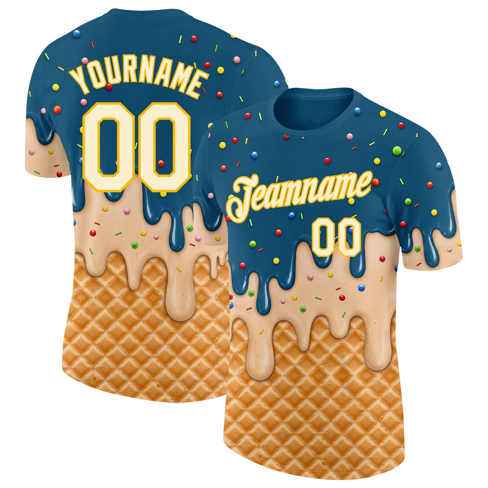 Custom Teal Cream-Gold Ice Cream Waffle Foodie Dessert Performance T-Shirt