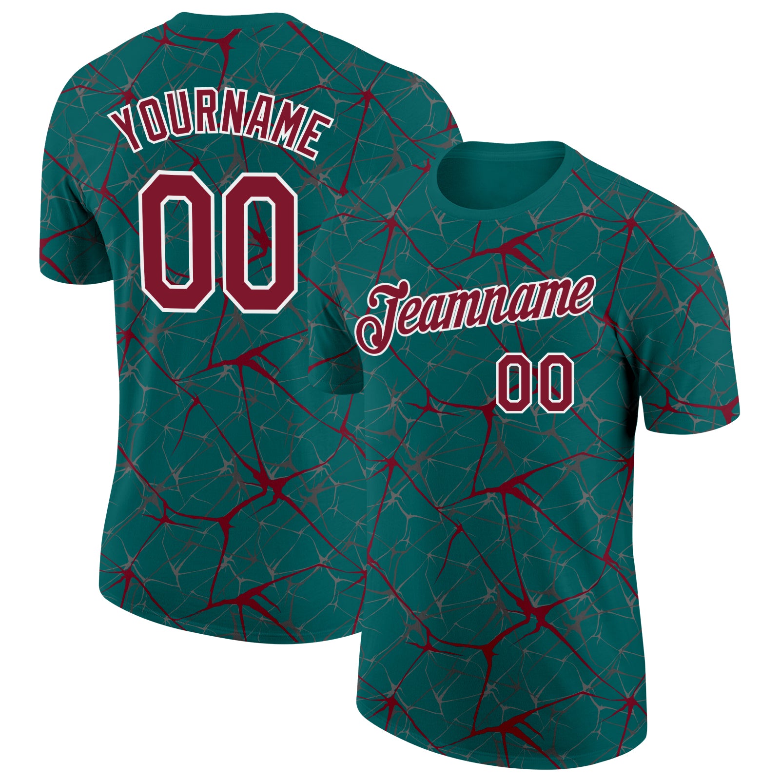 Custom Teal Crimson Gray-White Abstract Network Crackle Performance T-Shirt