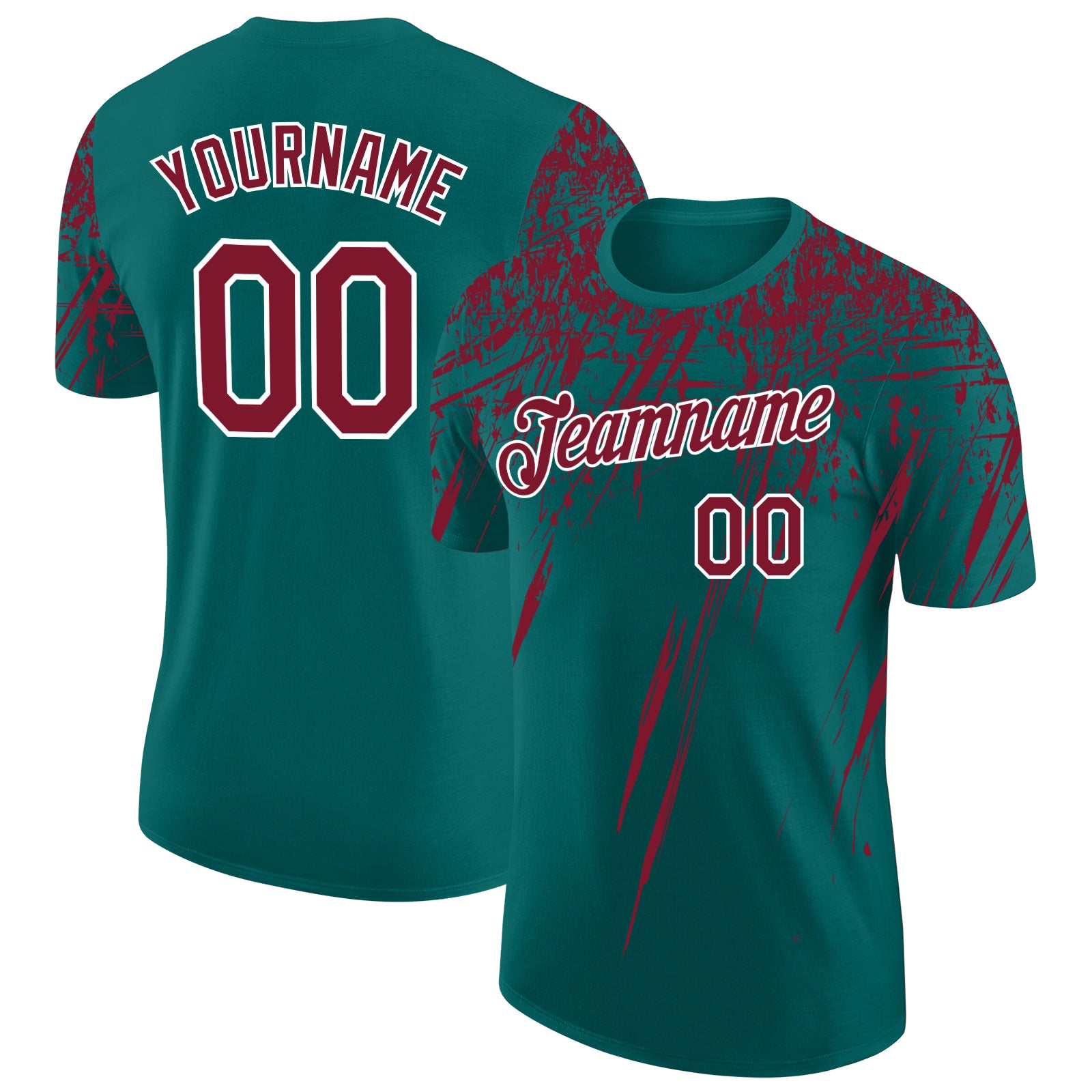 Custom Teal Crimson-White Distressed Scratch Brush Stroke Performance T-Shirt