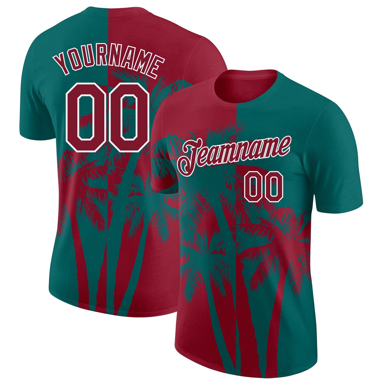 Custom Teal Crimson-White Hawaii Tropical Coastal Palm Trees Performance T-Shirt