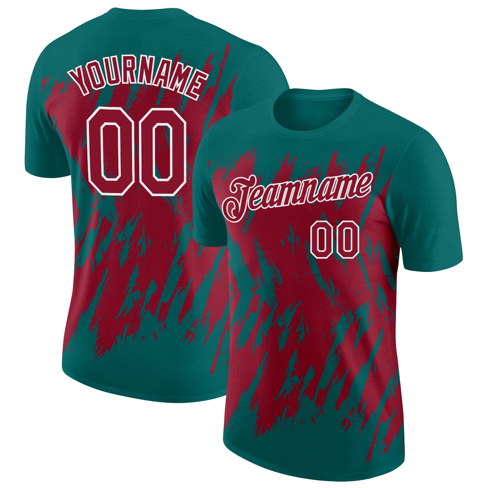 Custom Teal Crimson-White Torn Sharp Brush Stroke Splatter Performance T-Shirt