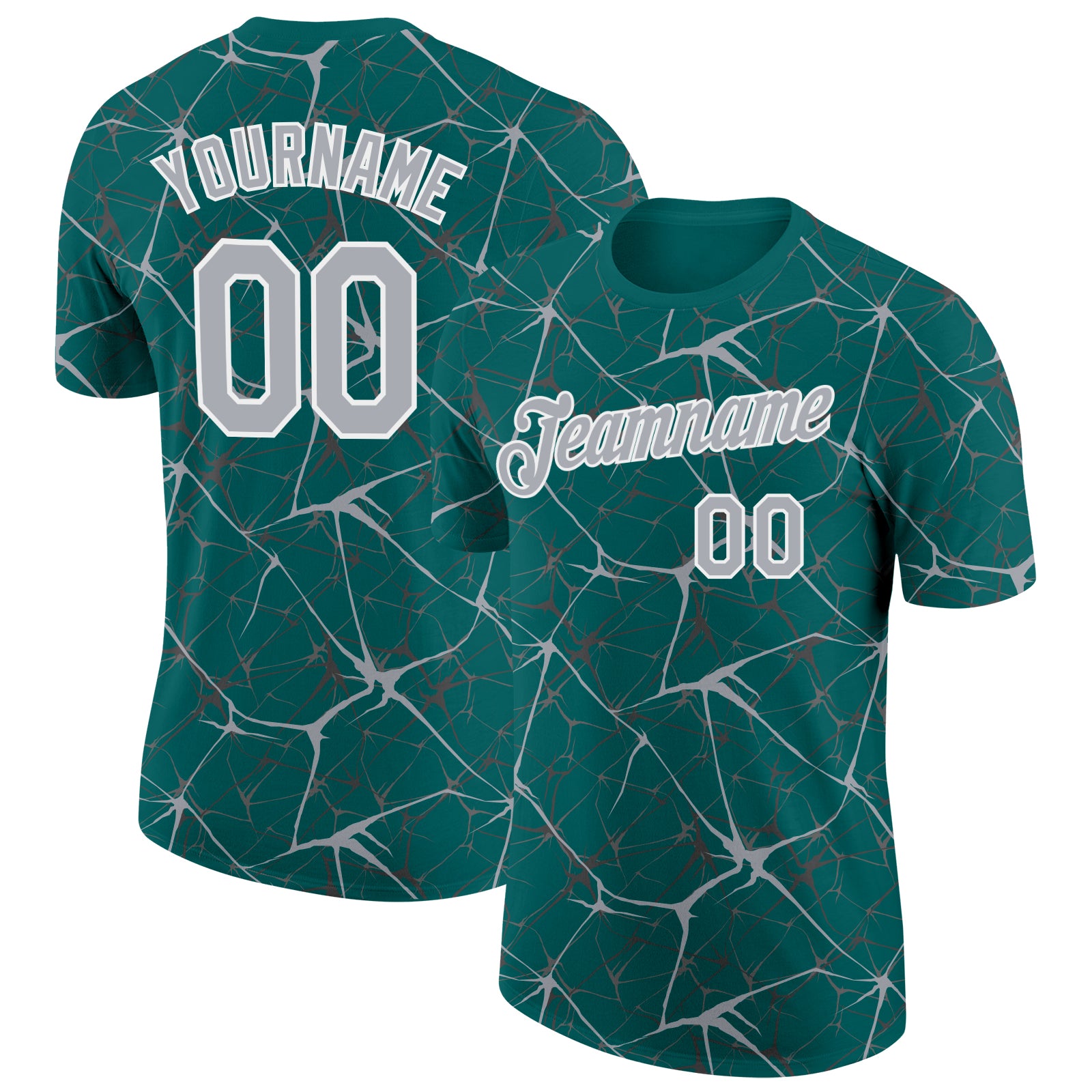 Custom Teal Gray-White Abstract Network Crackle Performance T-Shirt
