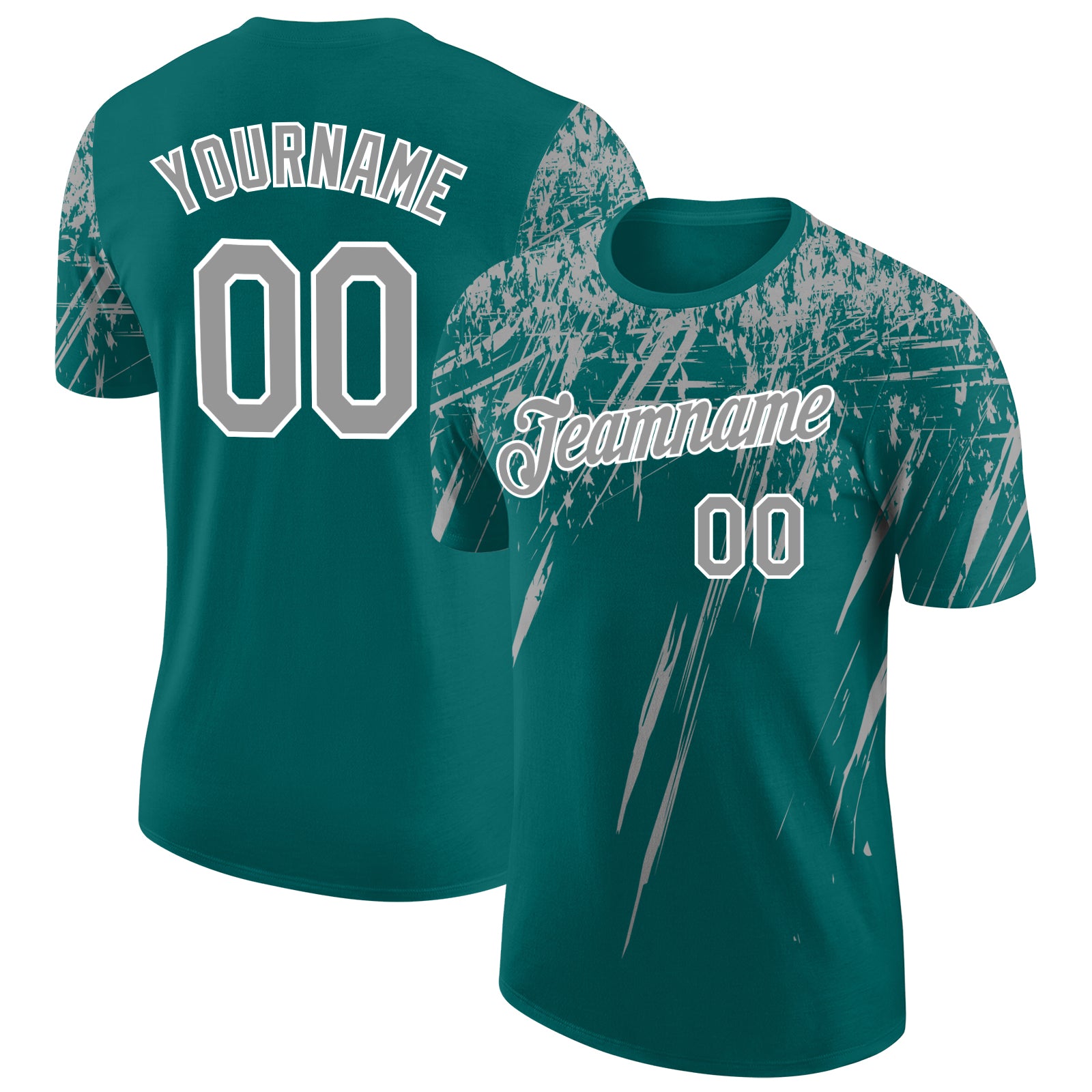 Custom Teal Gray-White Distressed Scratch Brush Stroke Performance T-Shirt