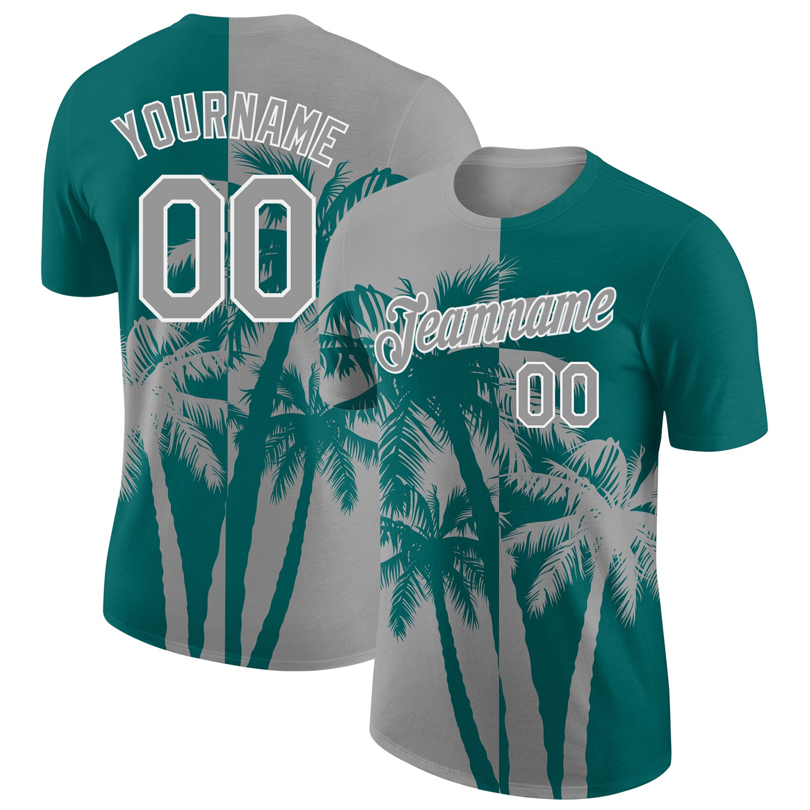 Custom Teal Gray-White Hawaii Tropical Coastal Palm Trees Performance T-Shirt