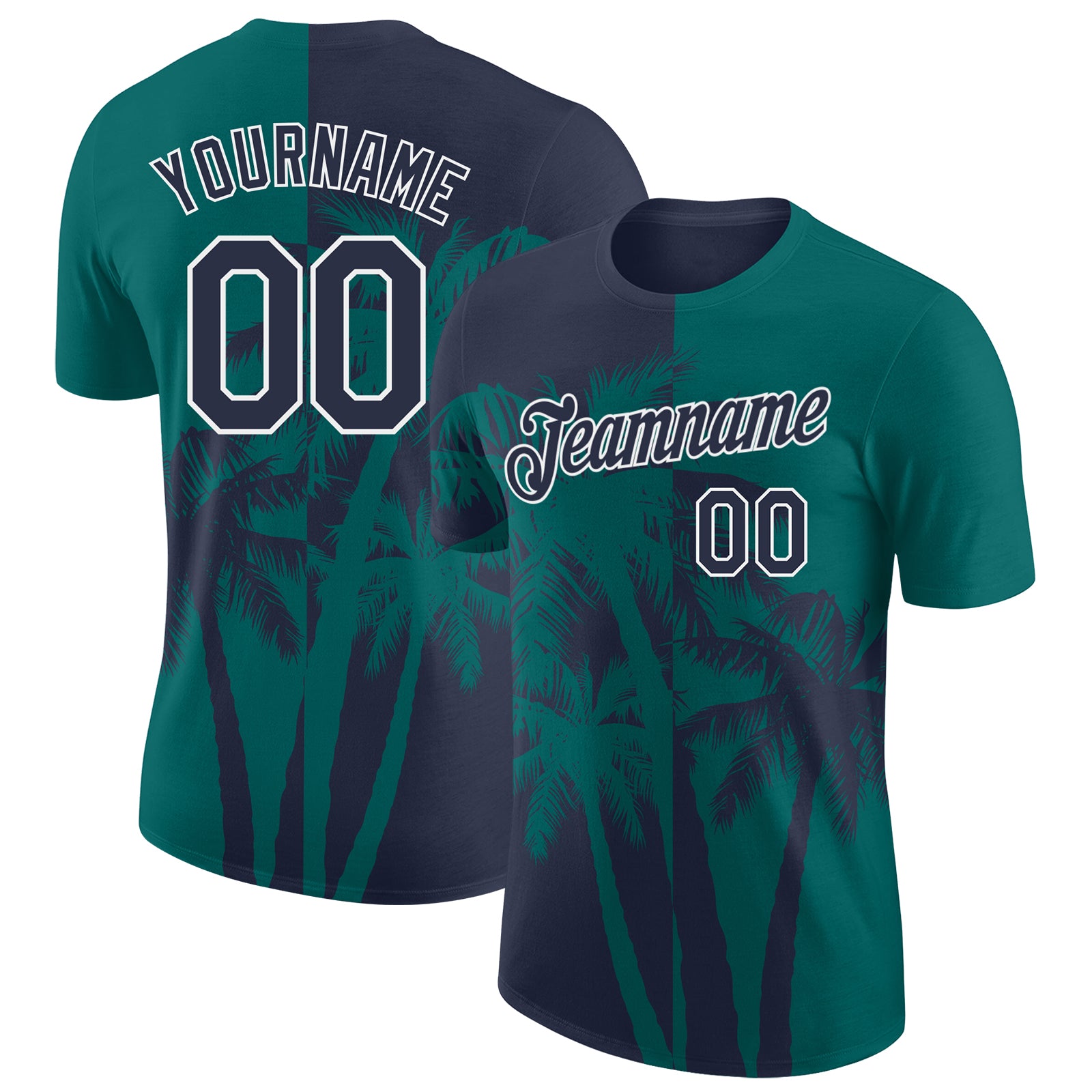 Custom Teal Navy-White Hawaii Tropical Coastal Palm Trees Performance T-Shirt