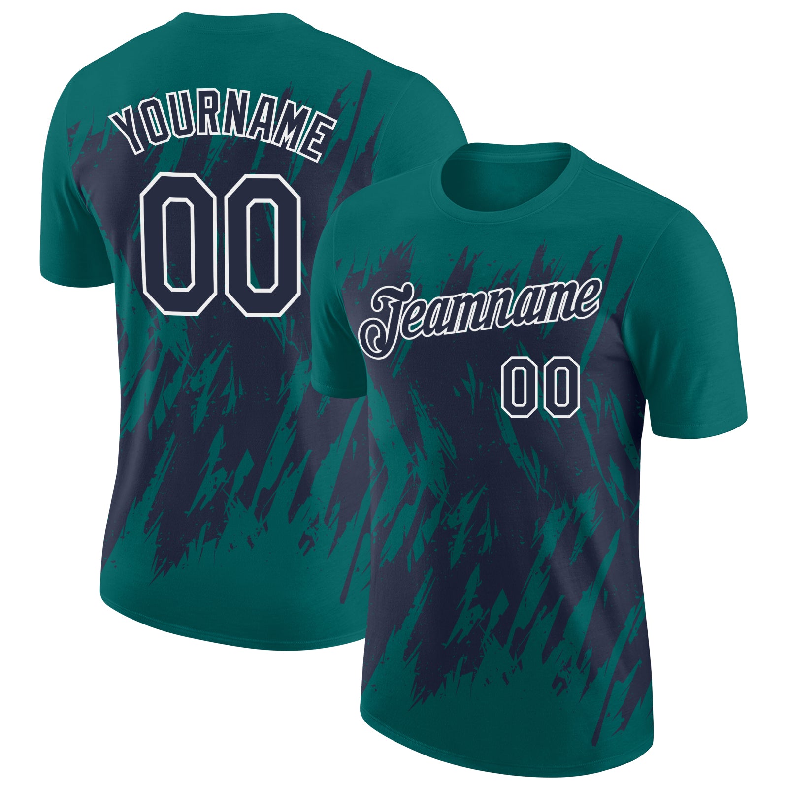 Custom Teal Navy-White Torn Sharp Brush Stroke Splatter Performance T-Shirt