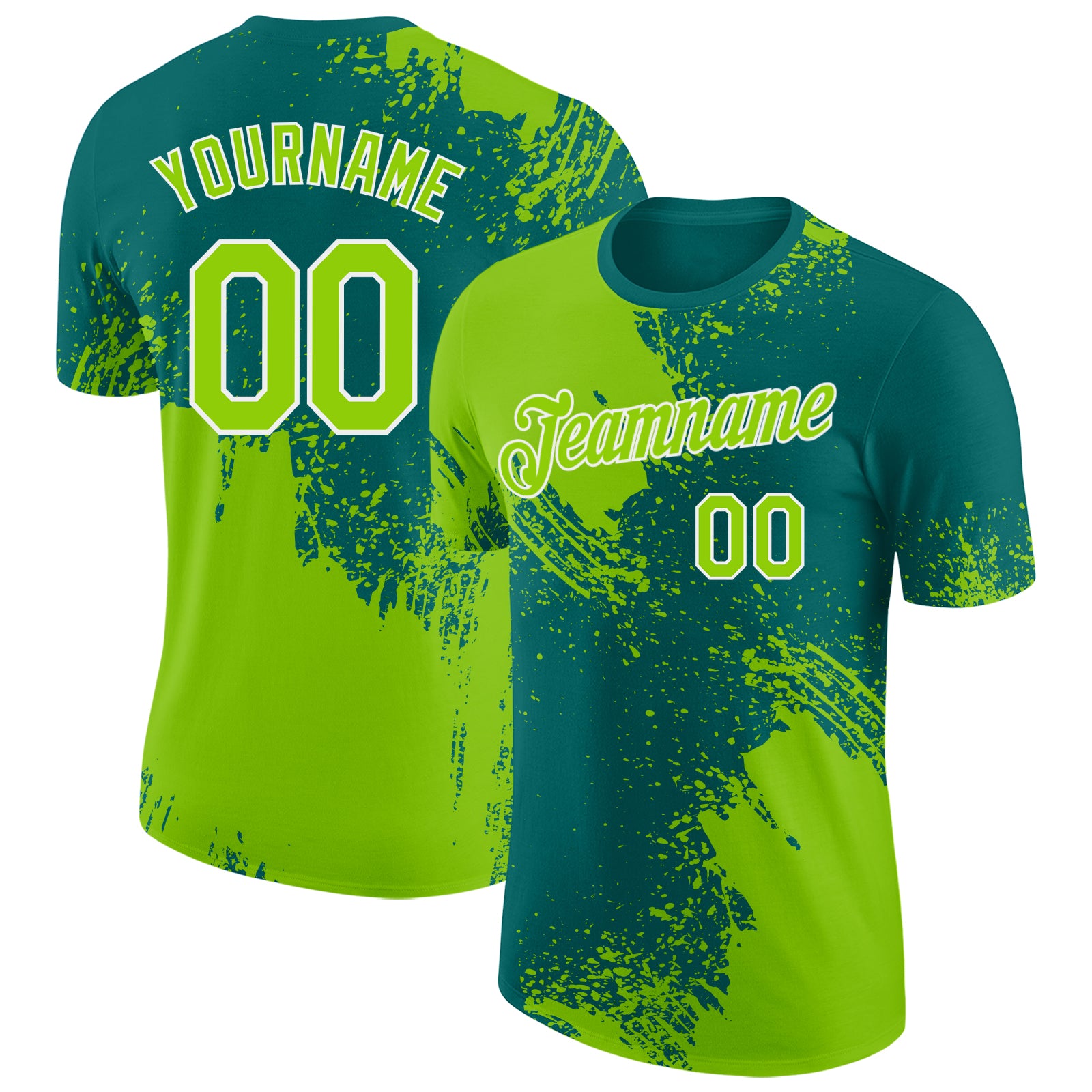 Custom Teal Neon Green-White Abstract Brush Stroke Performance T-Shirt