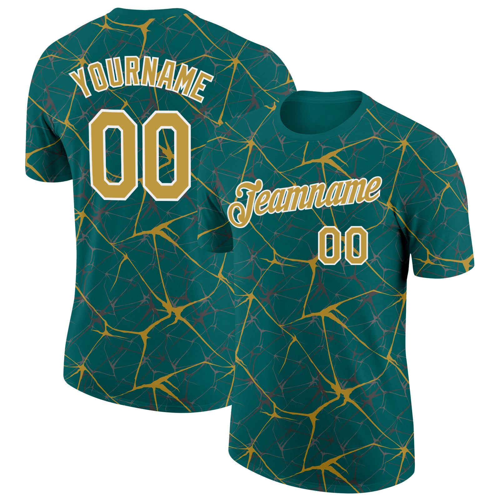 Custom Teal Old Gold Gray-White Abstract Network Crackle Performance T-Shirt