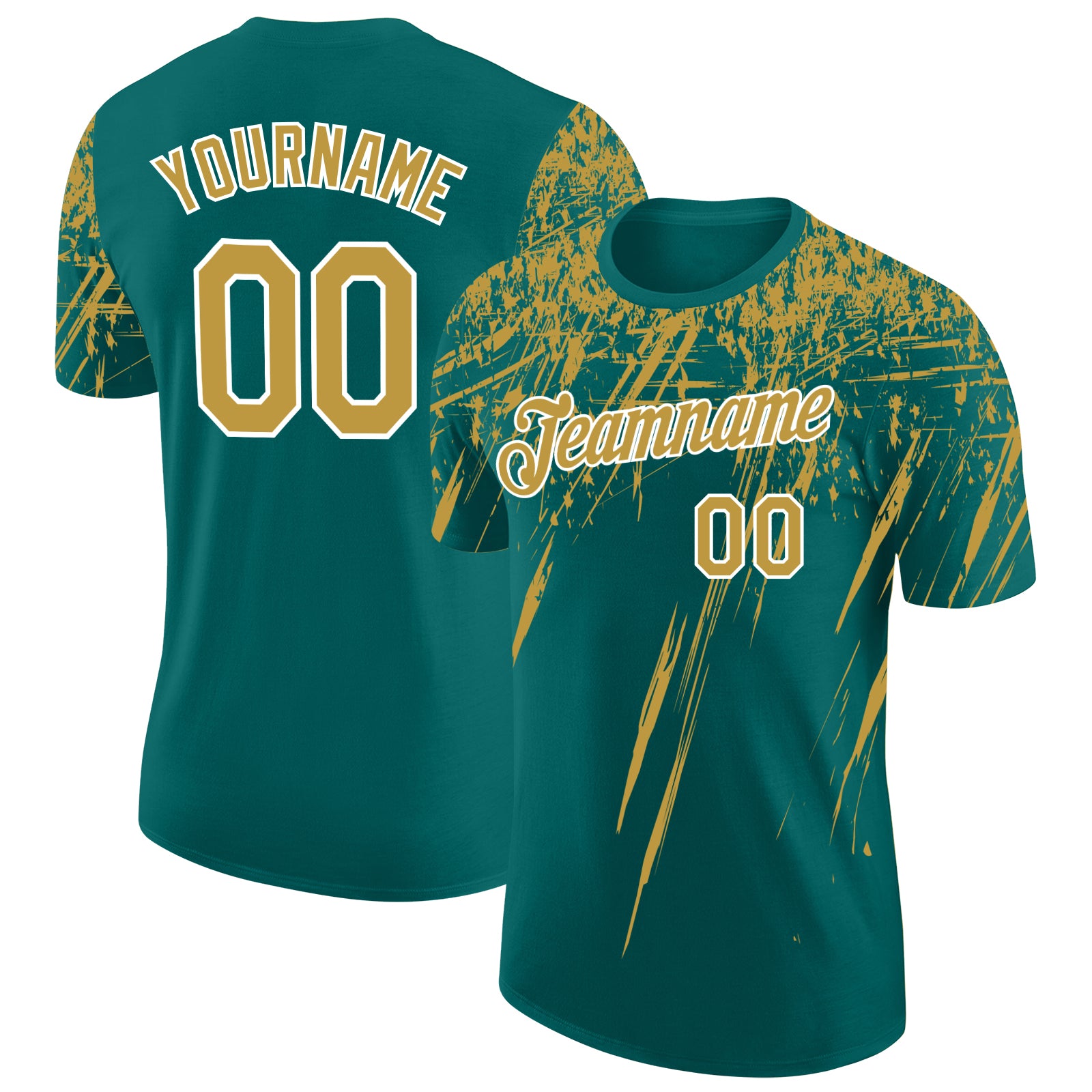 Custom Teal Old Gold-White Distressed Scratch Brush Stroke Performance T-Shirt