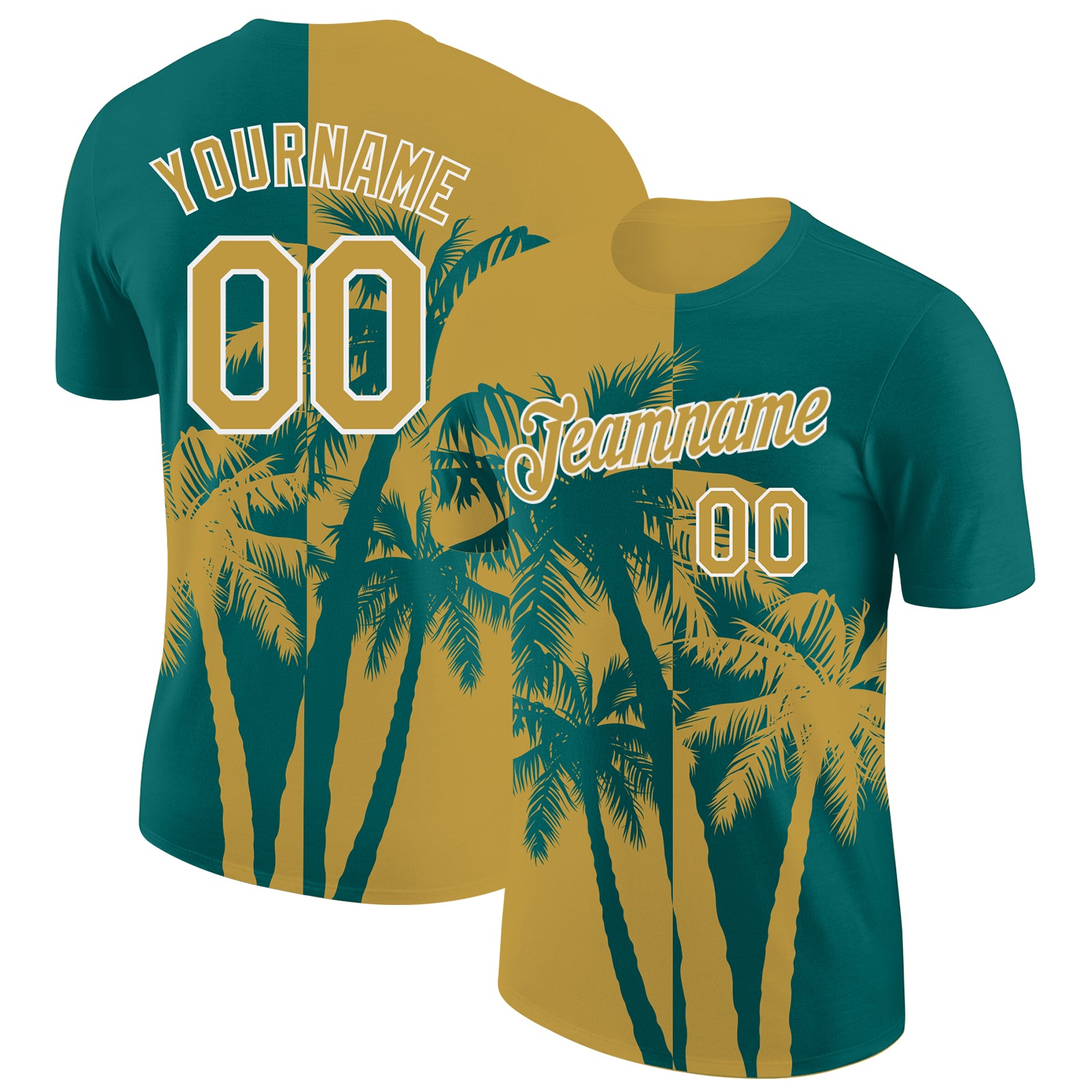Custom Teal Old Gold-White Hawaii Tropical Coastal Palm Trees Performance T-Shirt