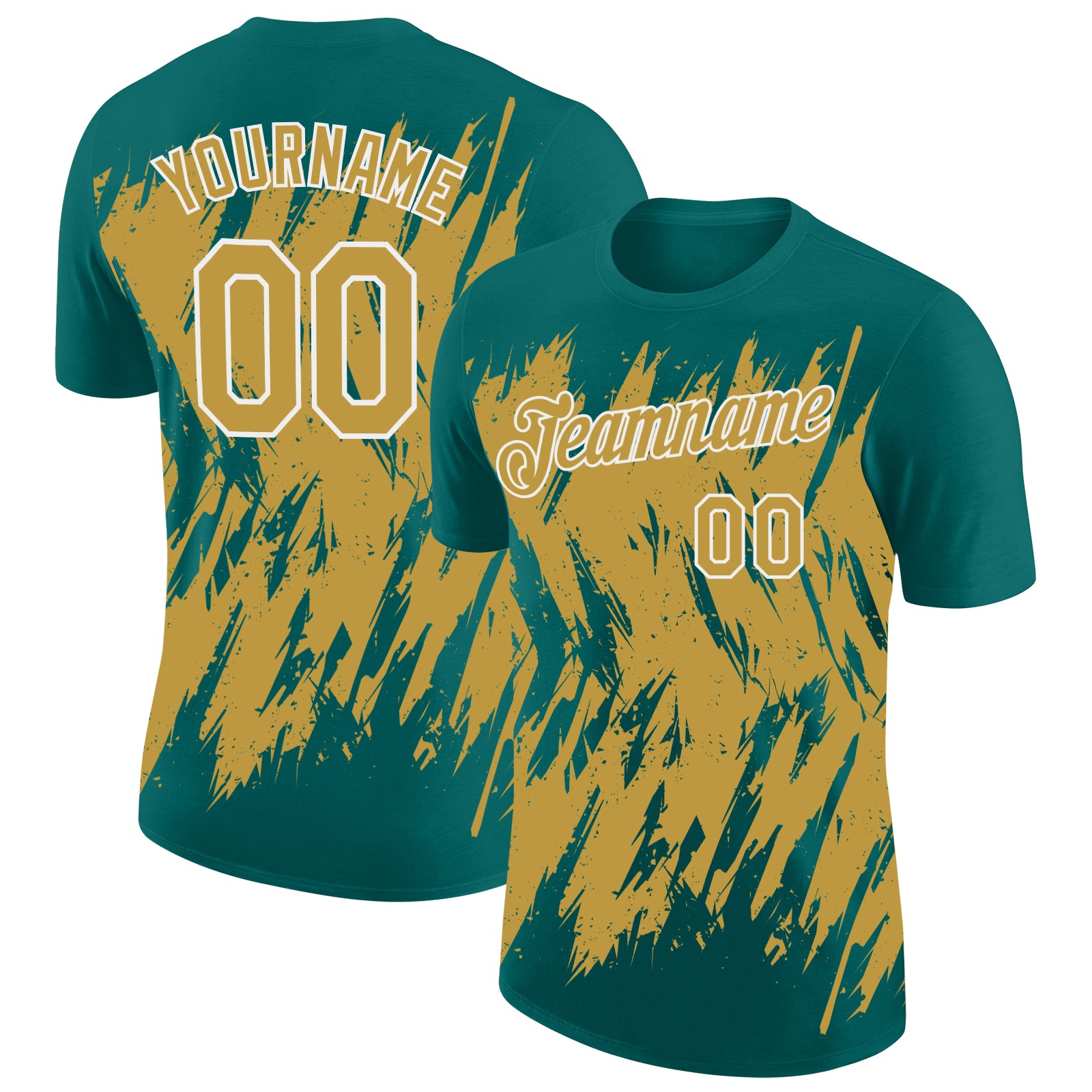 Custom Teal Old Gold-White Torn Sharp Brush Stroke Splatter Performance T-Shirt