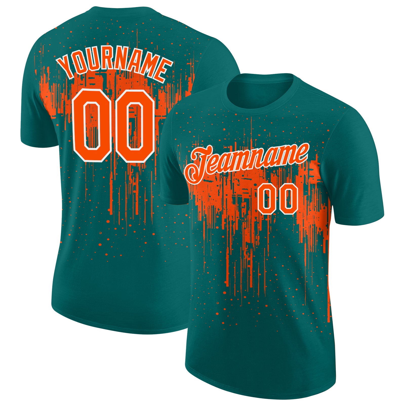 Custom Teal Orange-White Dripping Splatter Paint Performance T-Shirt