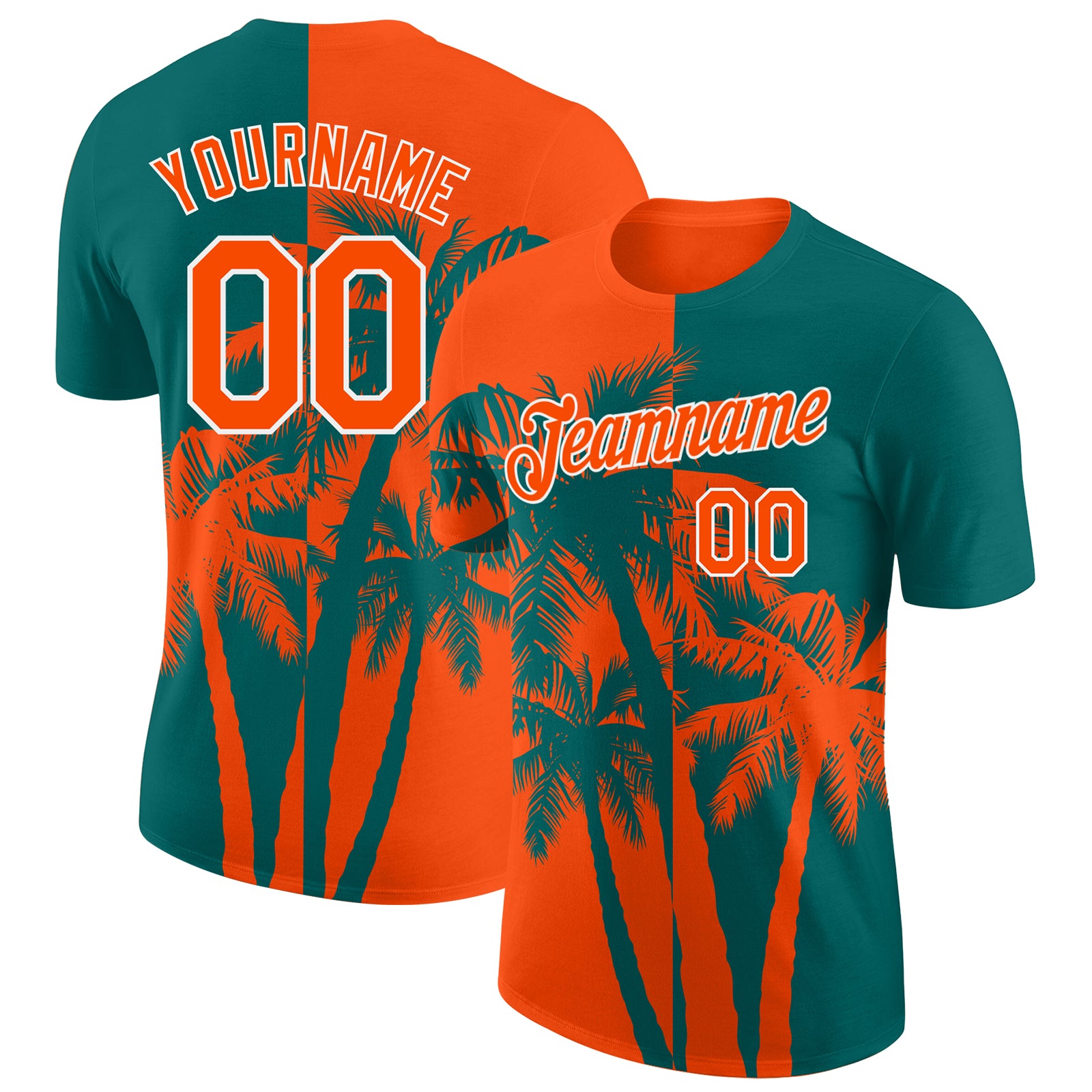 Custom Teal Orange-White Hawaii Tropical Coastal Palm Trees Performance T-Shirt