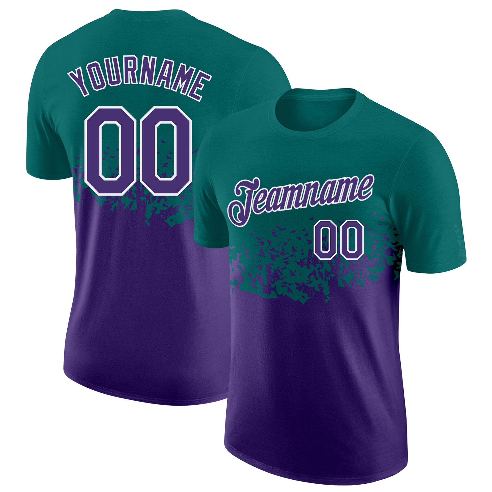 Custom Teal Purple-White Fade Geometric Splatter Fragmented Shards Performance T-Shirt