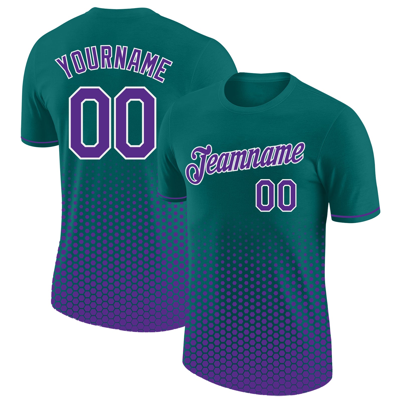 Custom Teal Purple-White Geometric Hexagonal Dot Gradient Performance T-Shirt