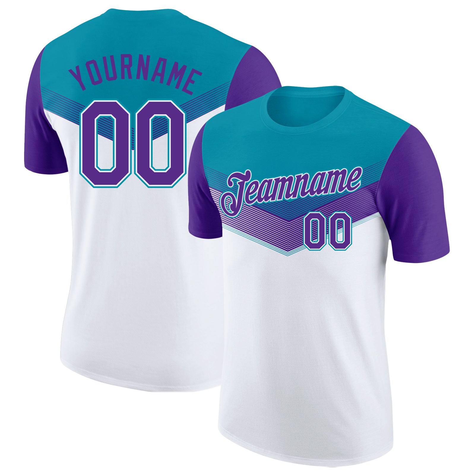 Custom Teal Purple-White Geometric V-Lines Color Block Performance T-Shirt