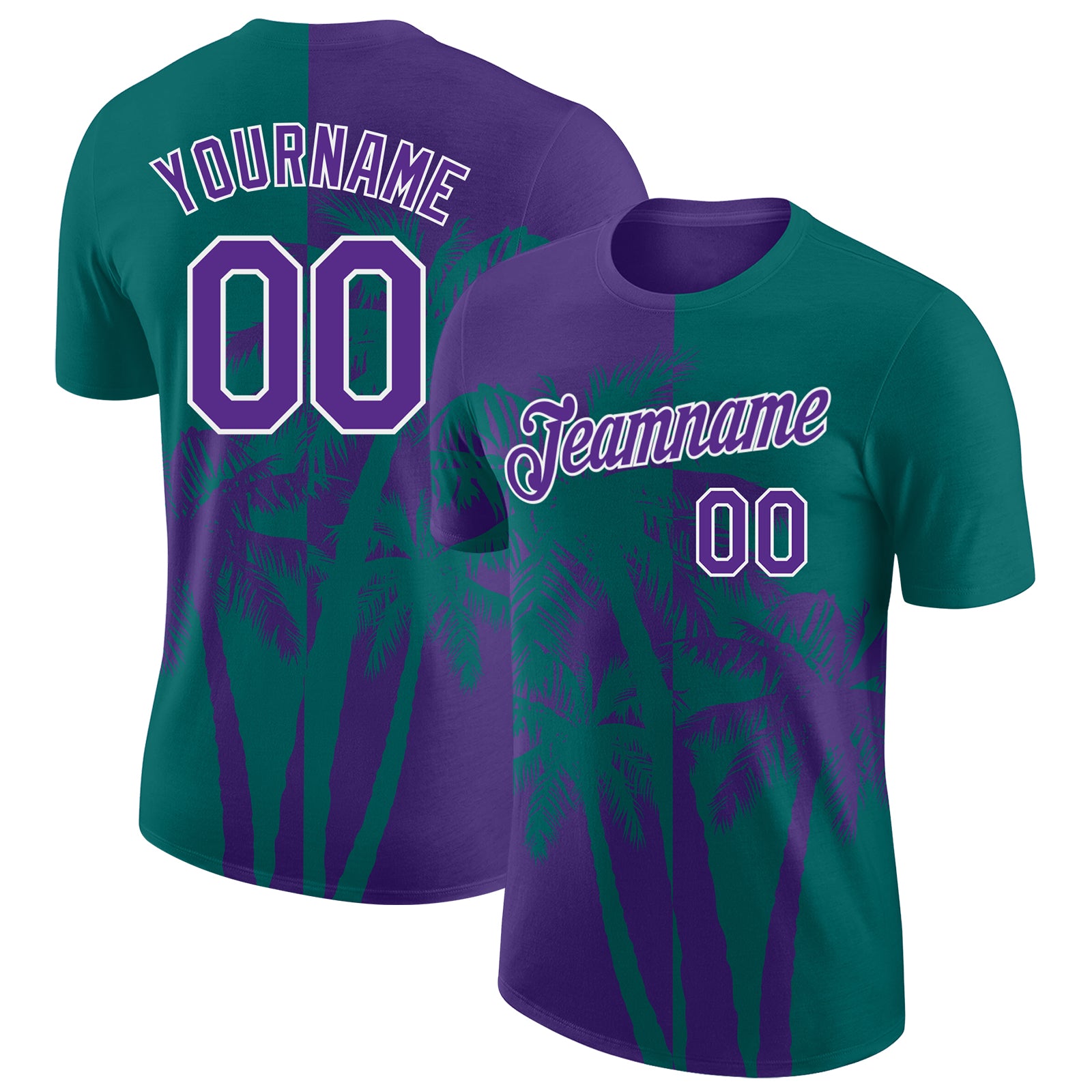 Custom Teal Purple-White Hawaii Tropical Coastal Palm Trees Performance T-Shirt
