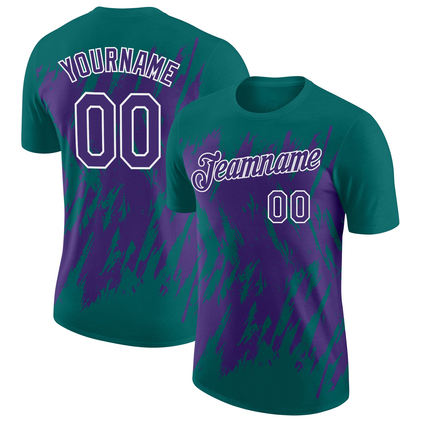 Custom Teal Purple-White Torn Sharp Brush Stroke Splatter Performance T-Shirt
