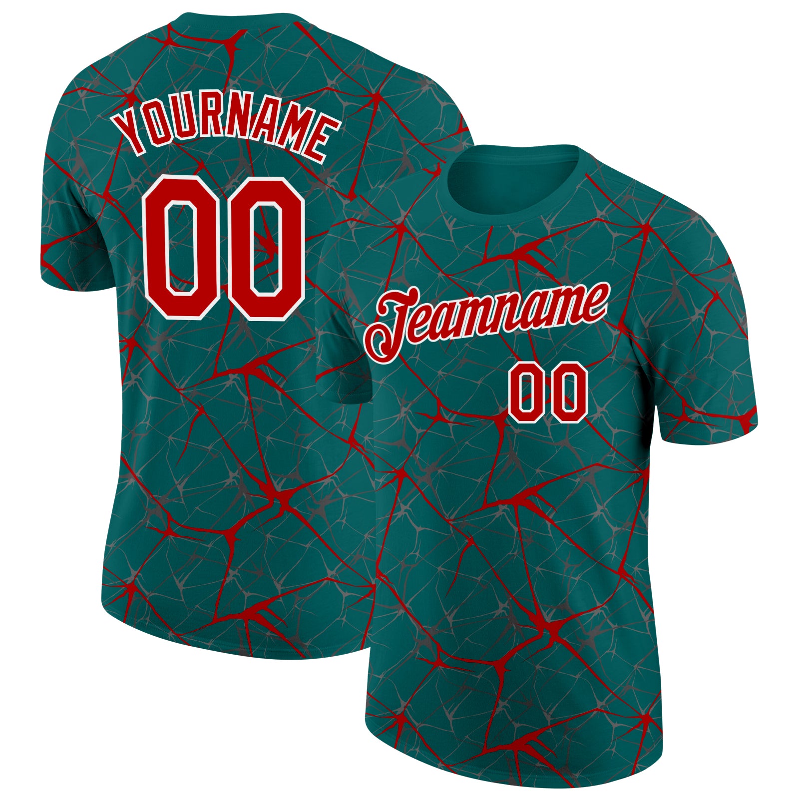 Custom Teal Red Gray-White Abstract Network Crackle Performance T-Shirt