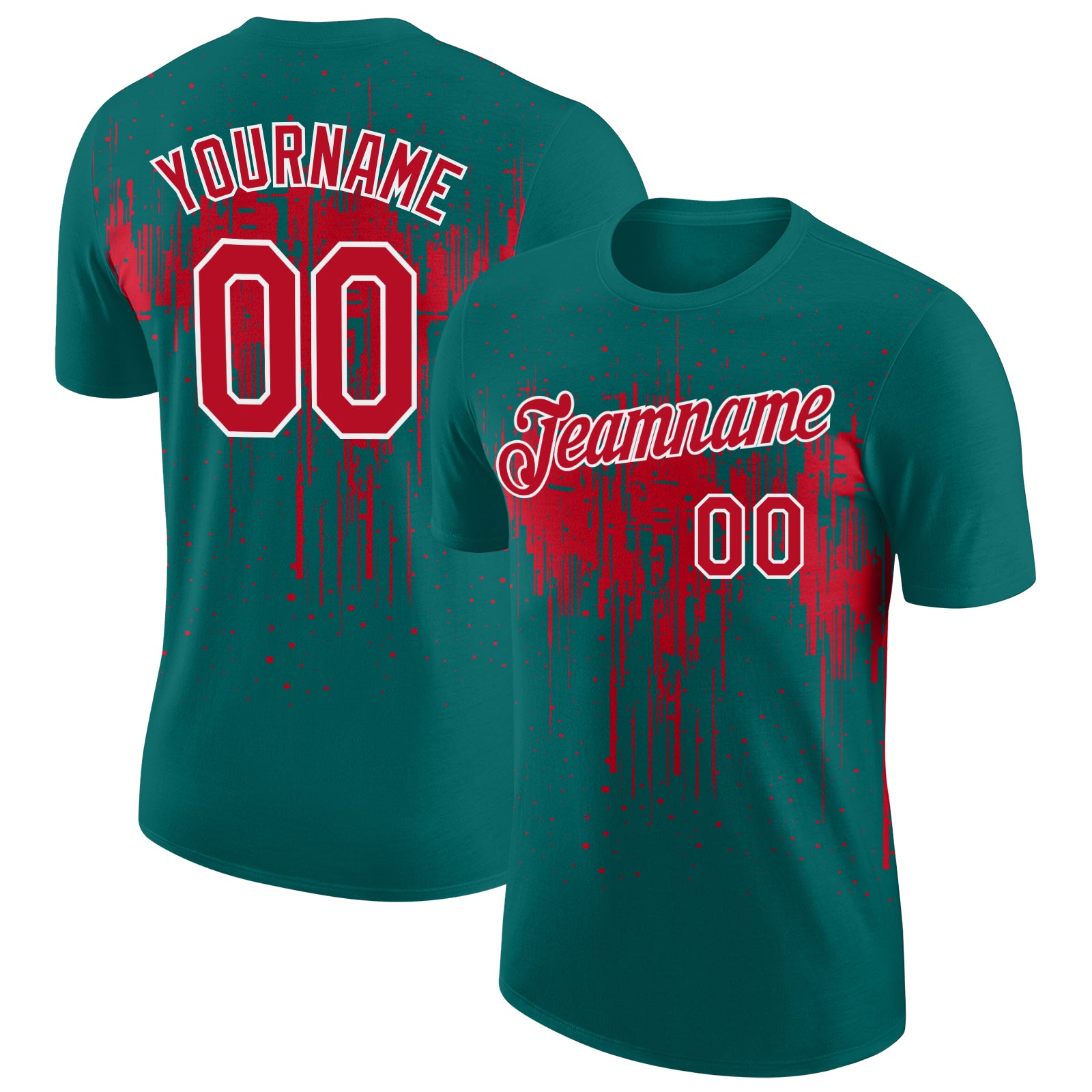 Custom Teal Red-White Dripping Splatter Paint Performance T-Shirt