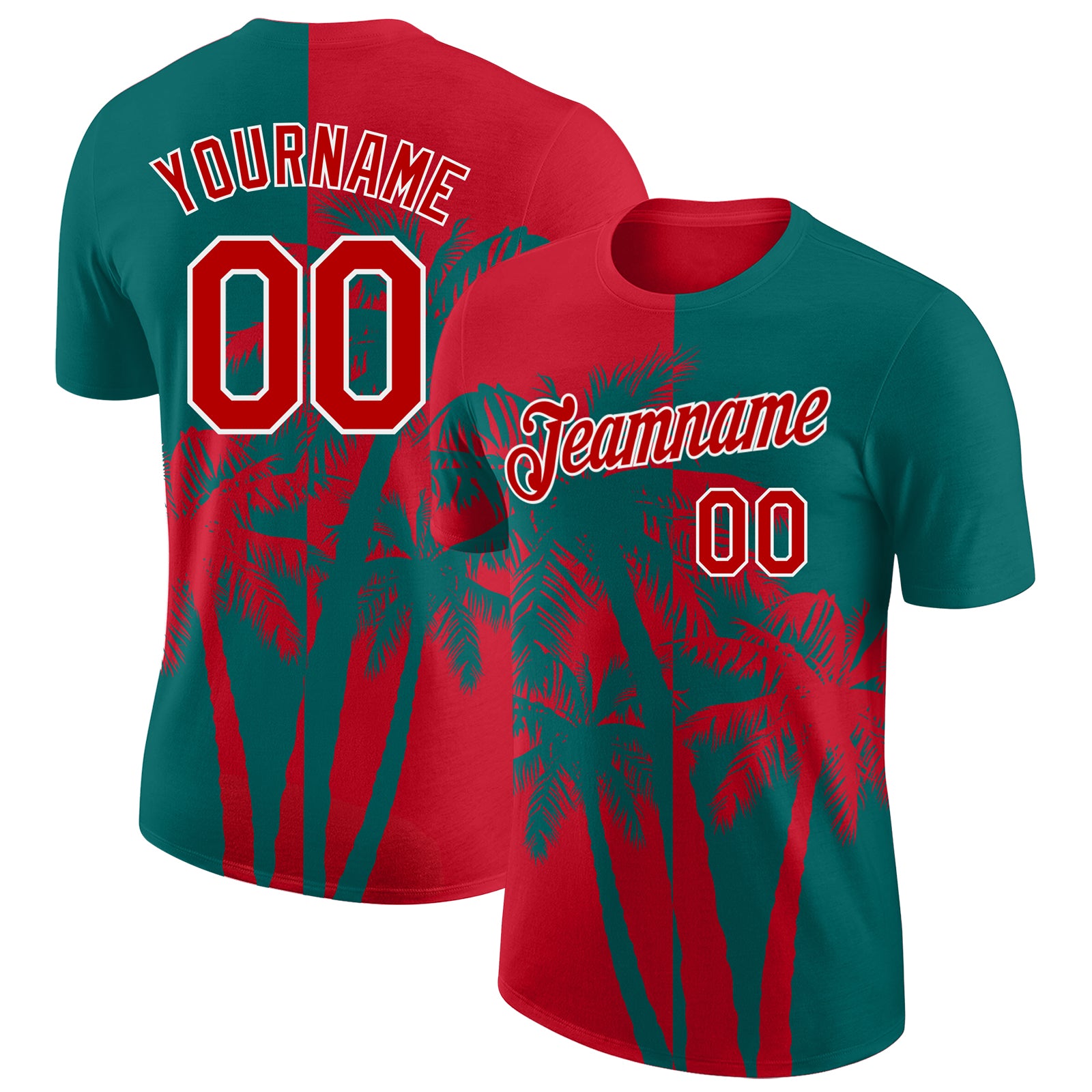 Custom Teal Red-White Hawaii Tropical Coastal Palm Trees Performance T-Shirt