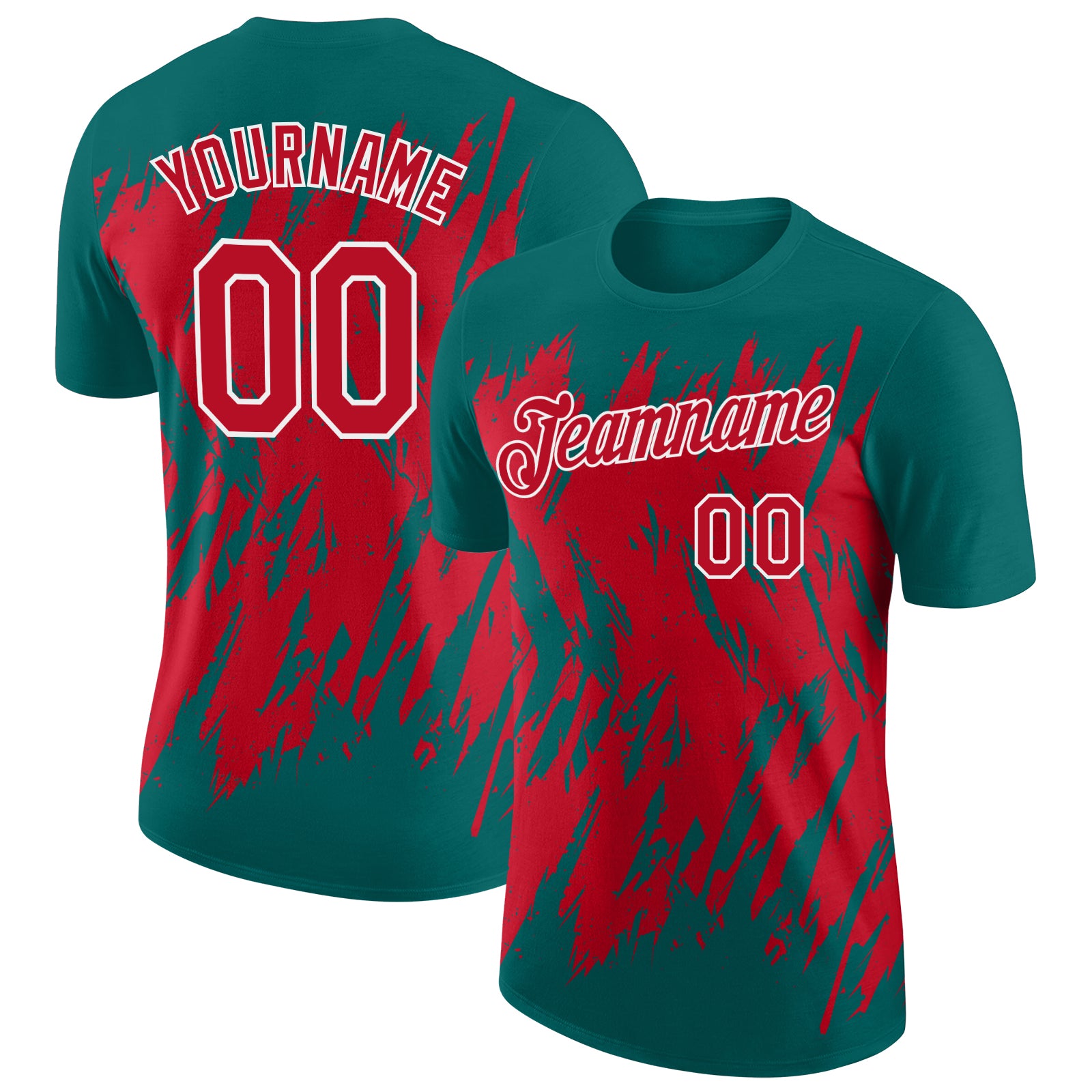 Custom Teal Red-White Torn Sharp Brush Stroke Splatter Performance T-Shirt