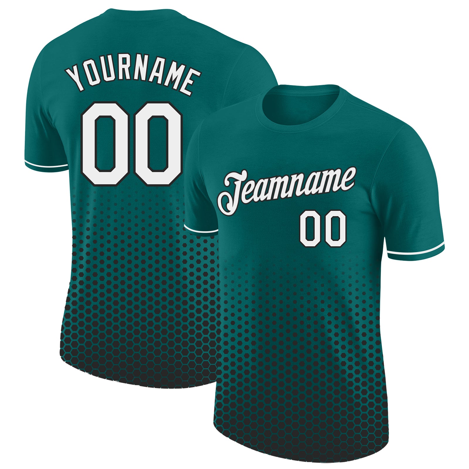 Custom Teal White-Black Geometric Hexagonal Dot Gradient Performance T-Shirt