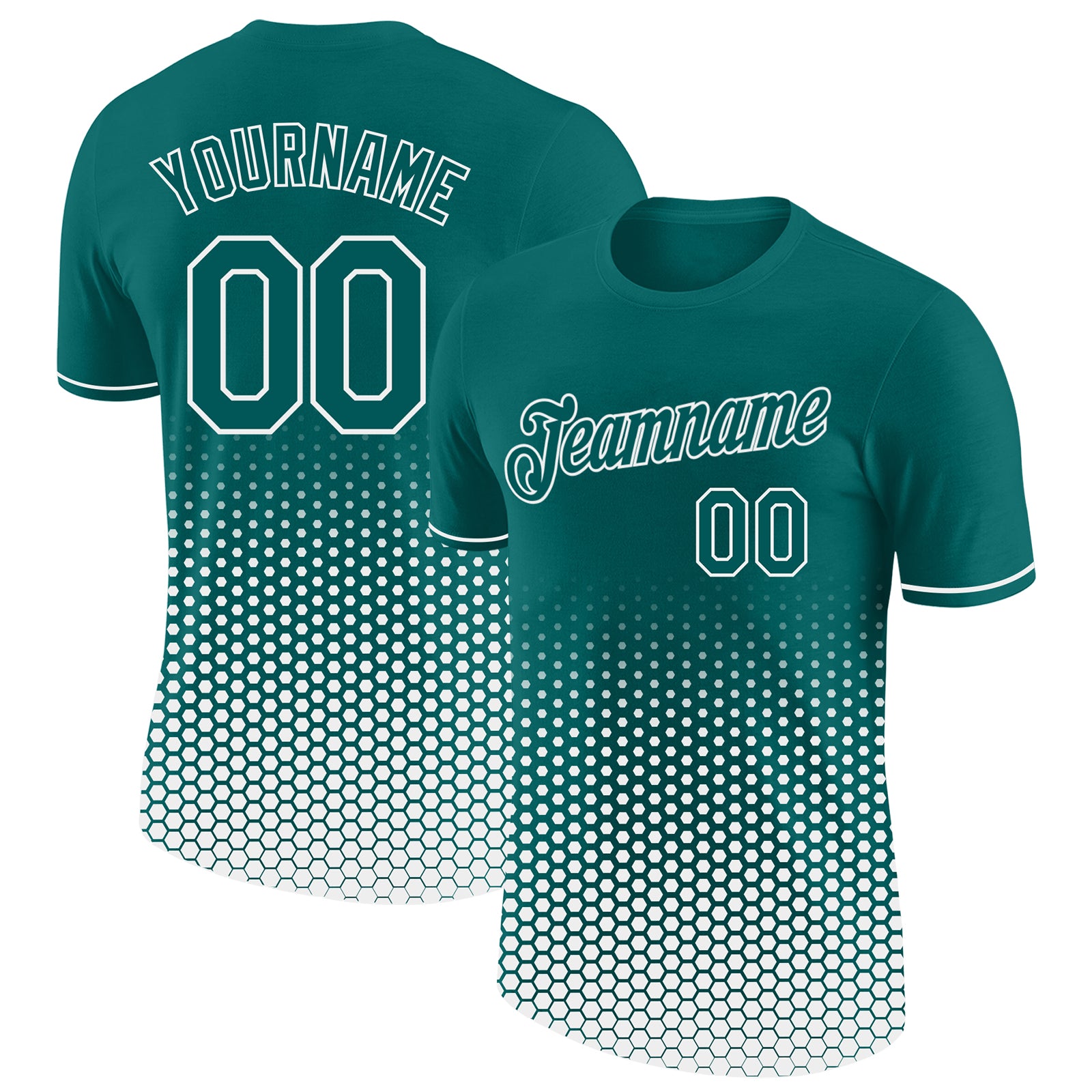 Custom Teal-White Geometric Hexagonal Dot Gradient Performance T-Shirt