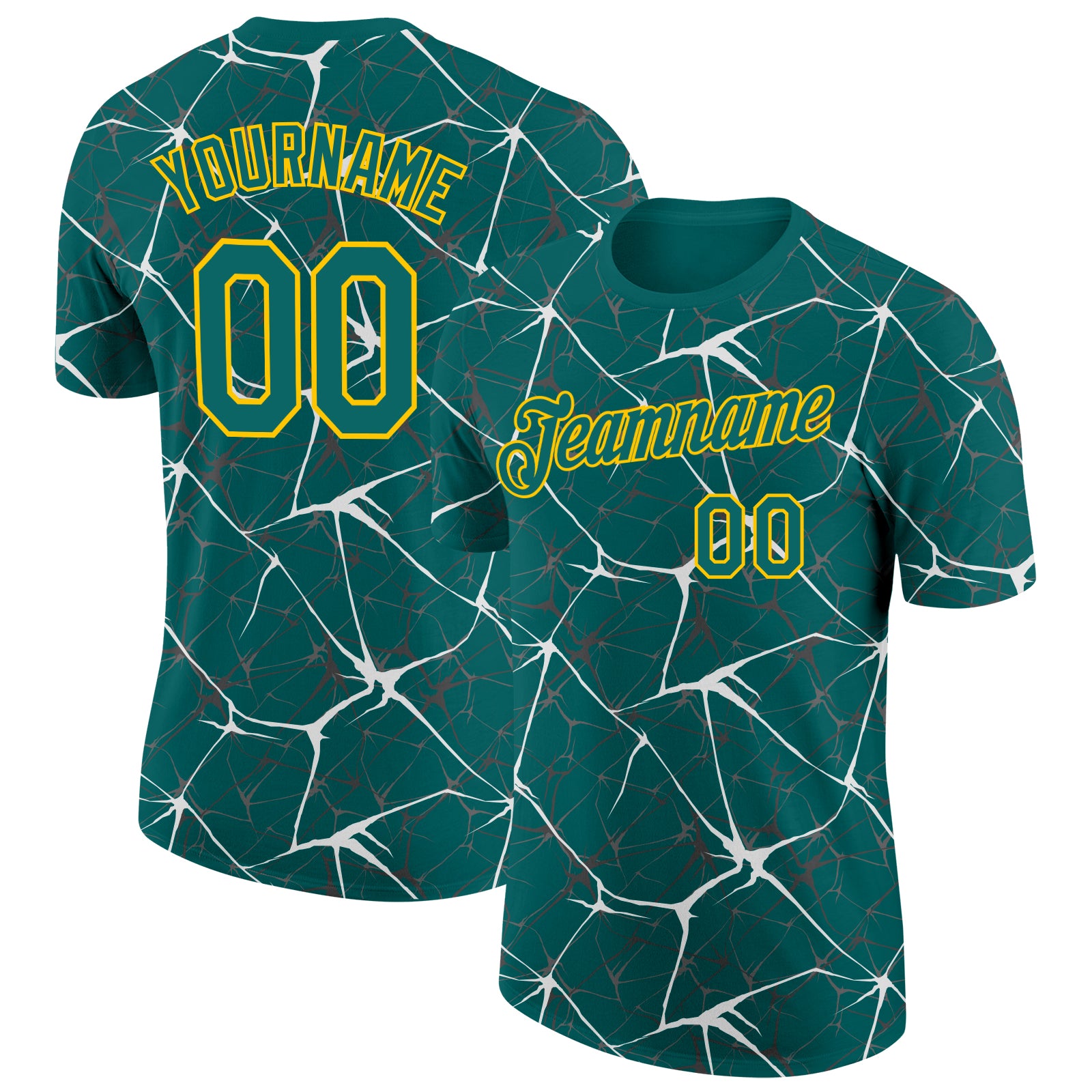 Custom Teal White Gray-Yellow Abstract Network Crackle Performance T-Shirt