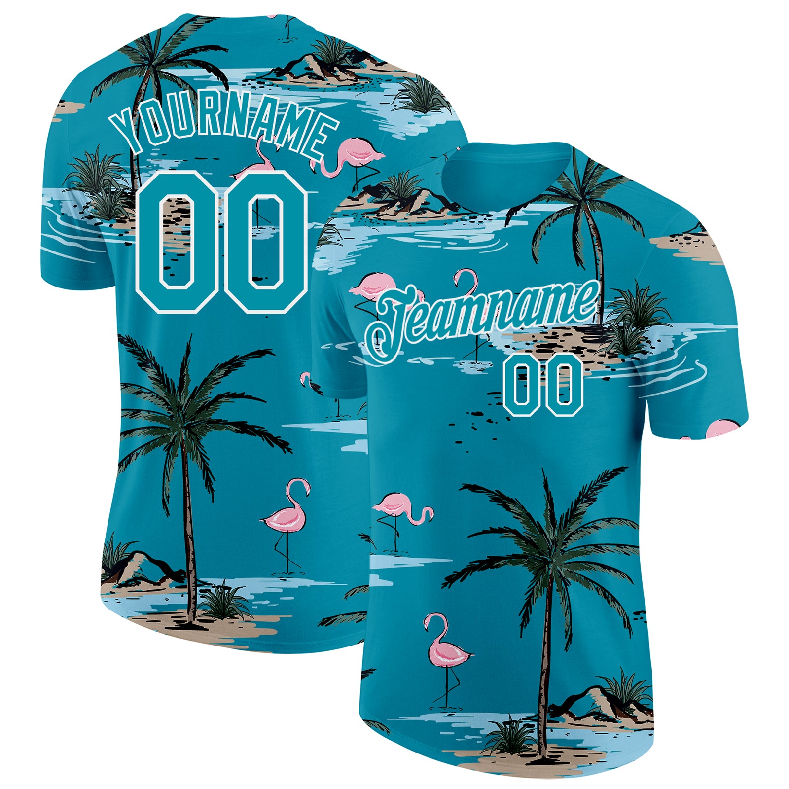 Custom Teal-White Tropical Hawaii Palm Trees Summer Beach Flamingo Performance T-Shirt