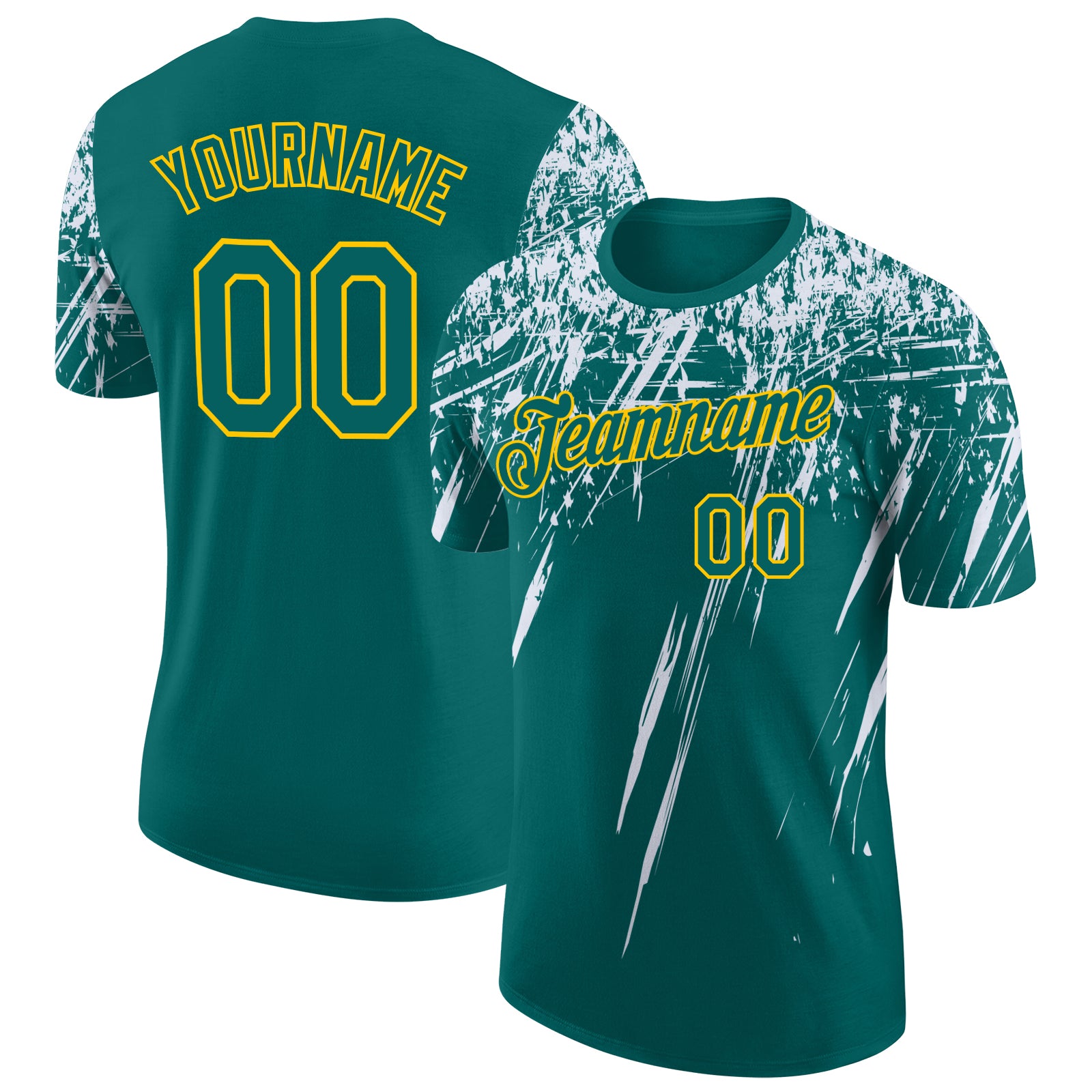 Custom Teal White-Yellow Distressed Scratch Brush Stroke Performance T-Shirt