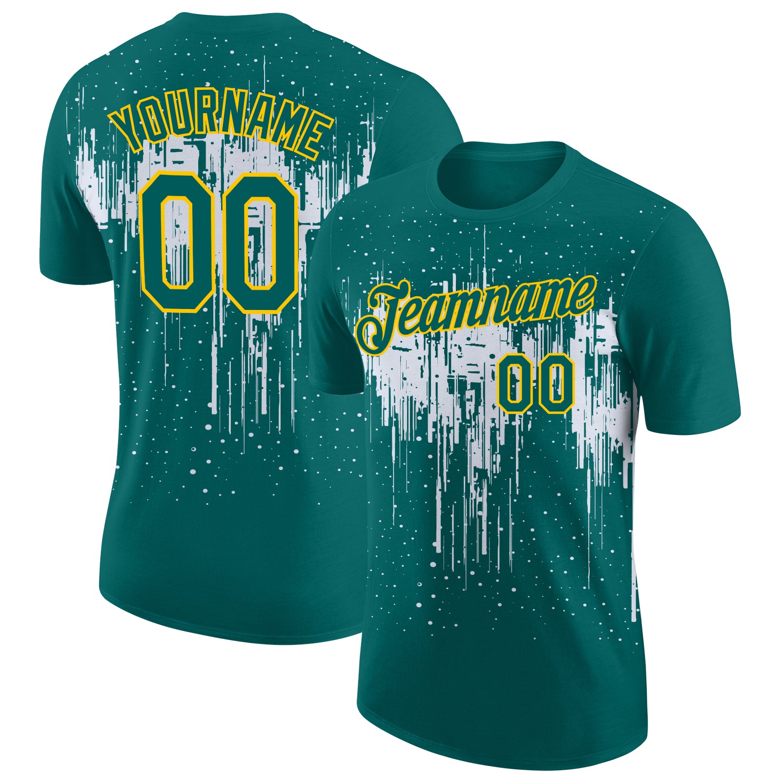 Custom Teal White-Yellow Dripping Splatter Paint Performance T-Shirt