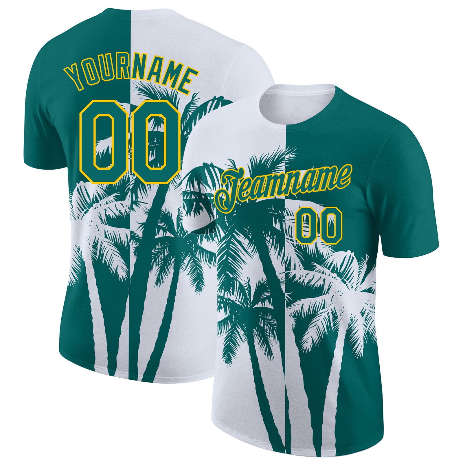 Custom Teal White-Yellow Hawaii Tropical Coastal Palm Trees Performance T-Shirt