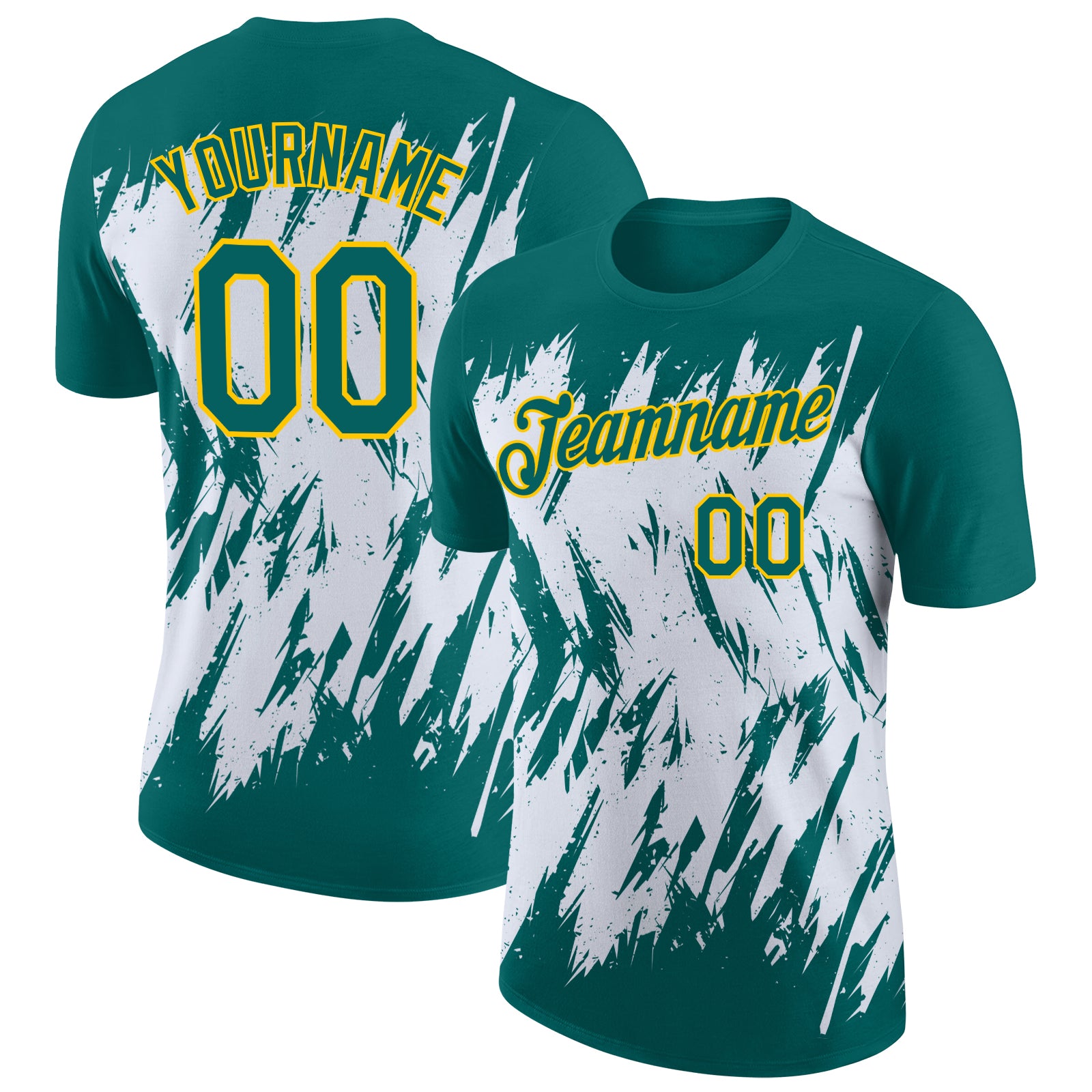 Custom Teal White-Yellow Torn Sharp Brush Stroke Splatter Performance T-Shirt