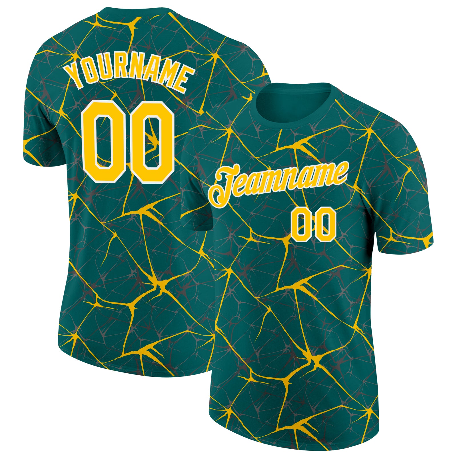 Custom Teal Yellow Gray-White Abstract Network Crackle Performance T-Shirt