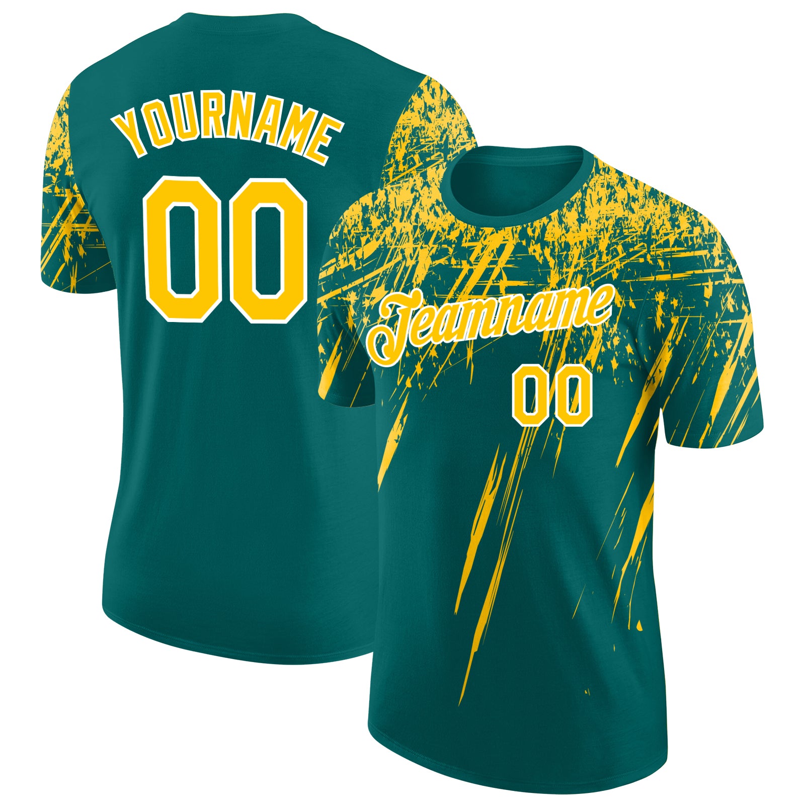 Custom Teal Yellow-White Distressed Scratch Brush Stroke Performance T-Shirt