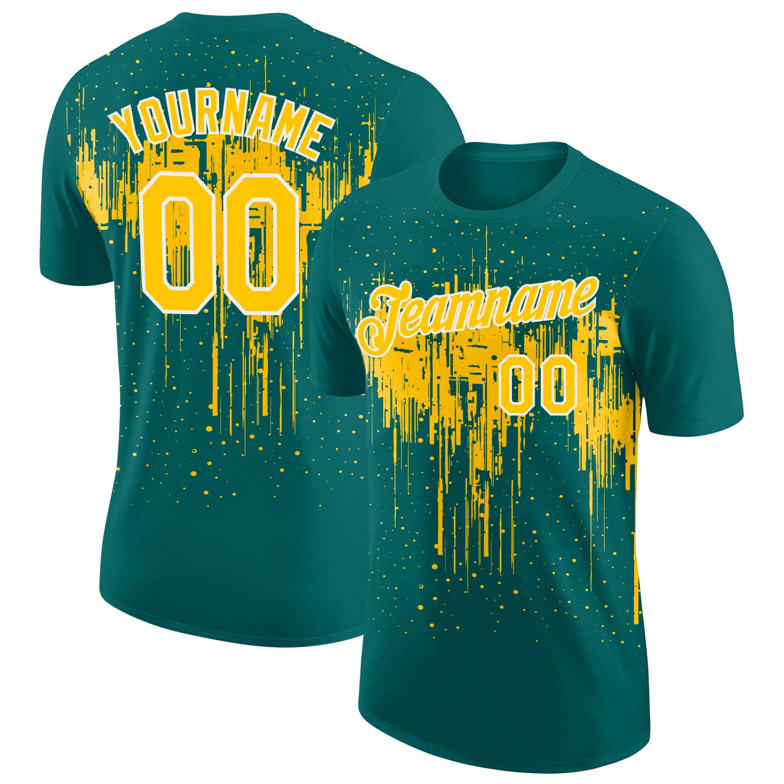 Custom Teal Yellow-White Dripping Splatter Paint Performance T-Shirt