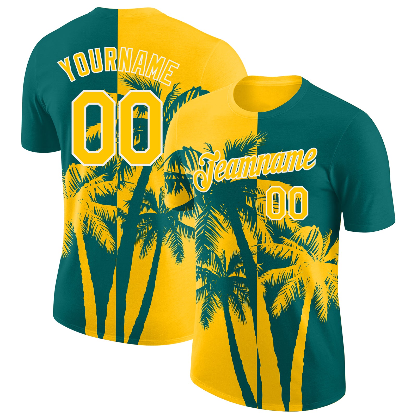 Custom Teal Yellow-White Hawaii Tropical Coastal Palm Trees Performance T-Shirt