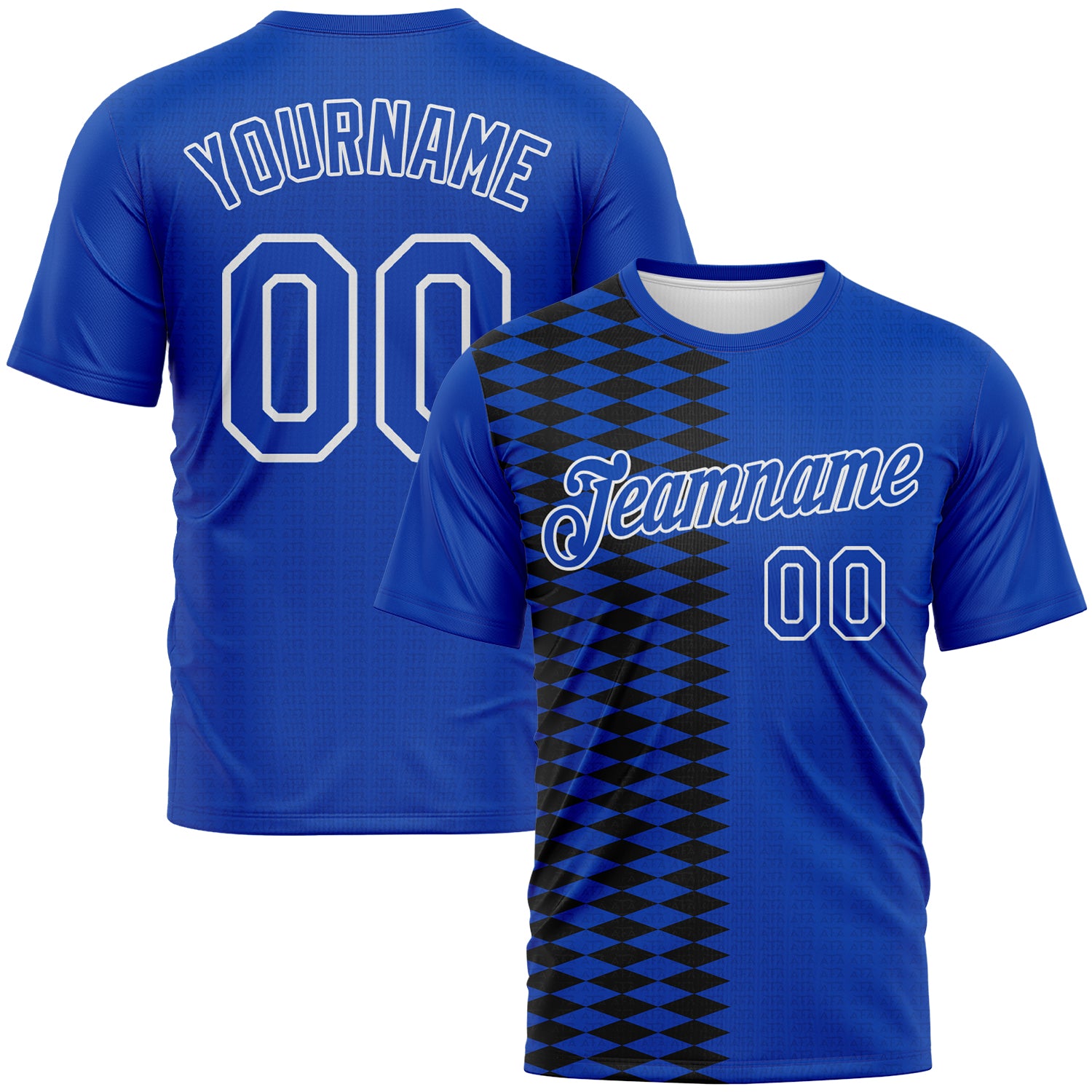 Custom Thunder Blue Black Royal-White 3D Pattern Classic Argyle Diamond Performance T-Shirt
