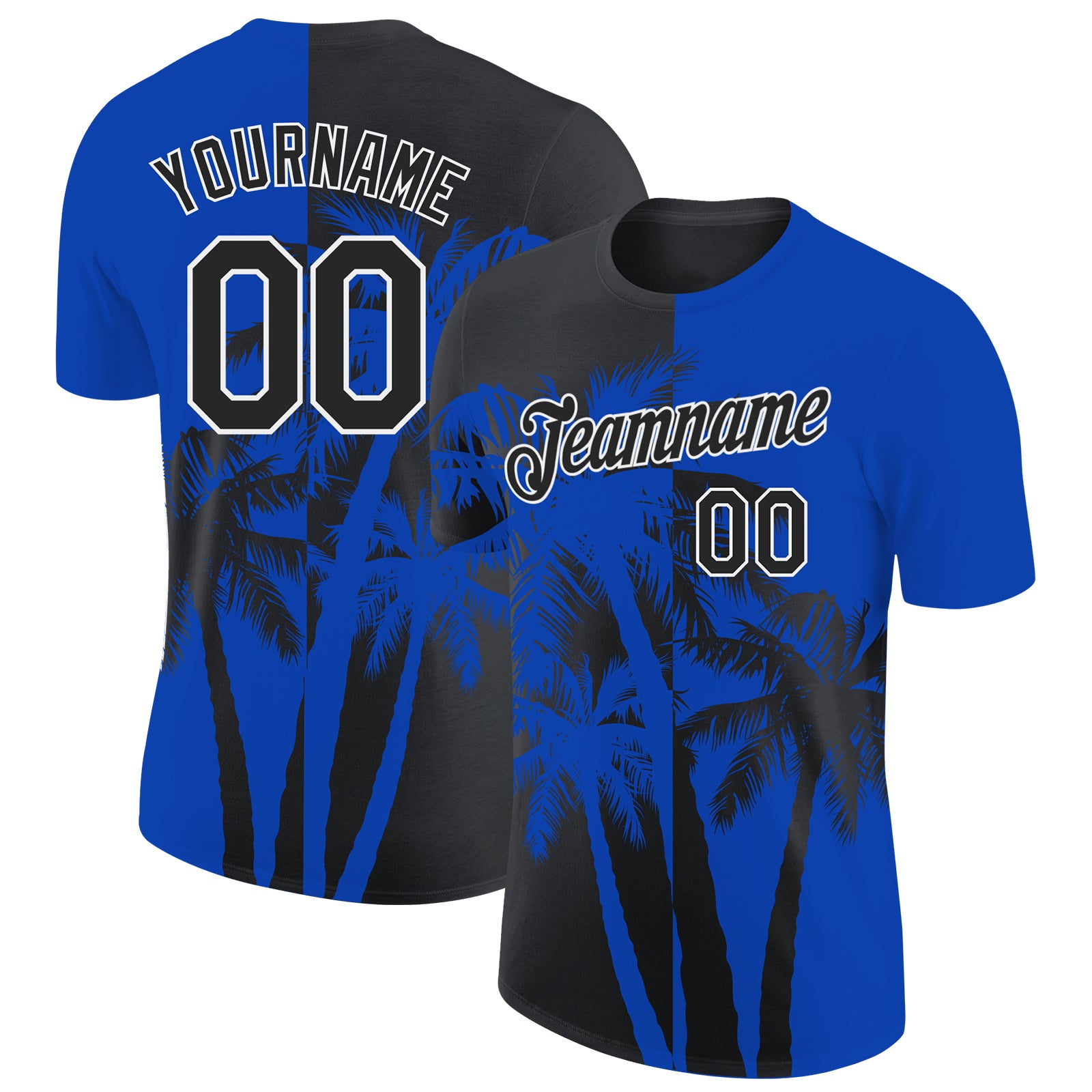 Custom Thunder Blue Black-White Hawaii Tropical Coastal Palm Trees Performance T-Shirt