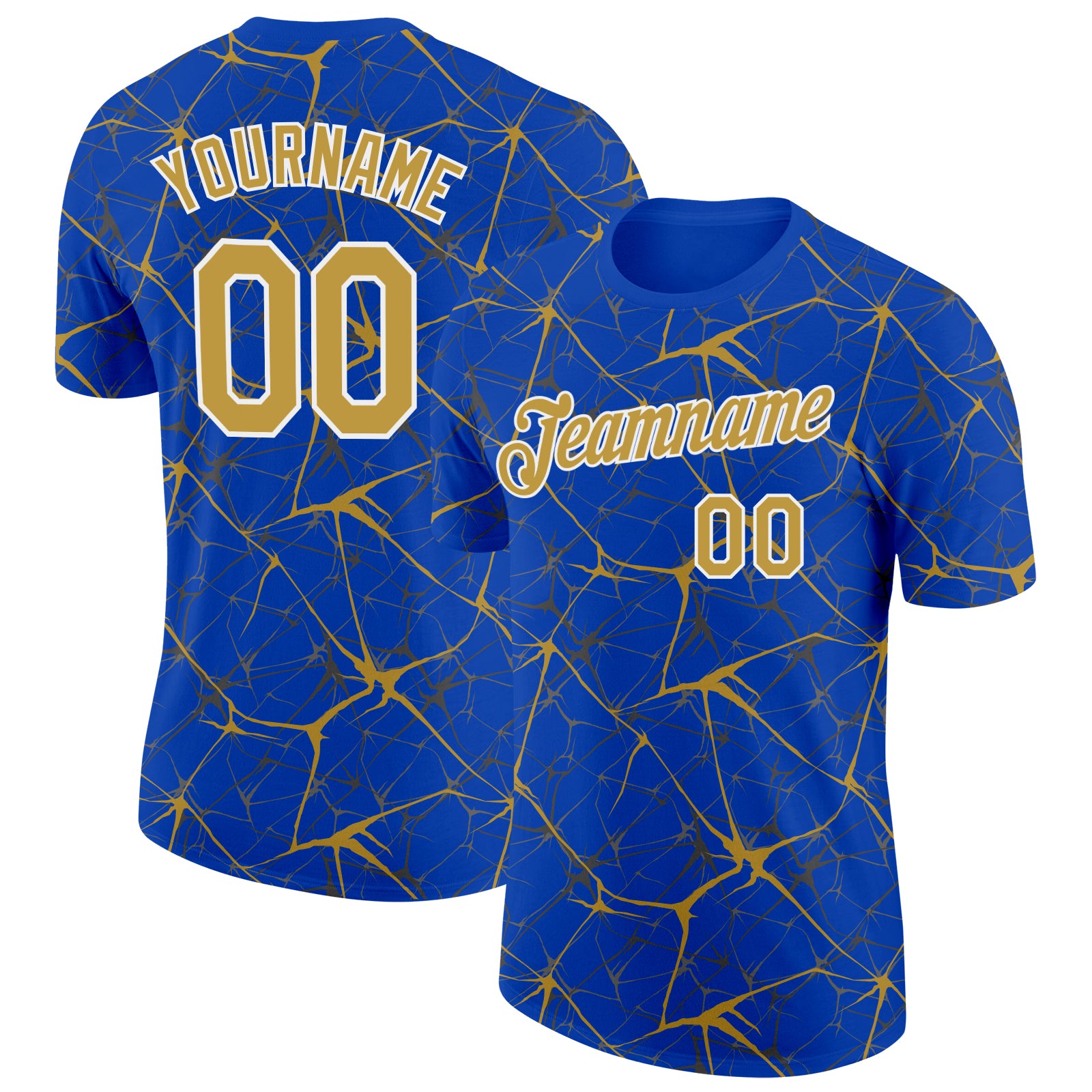 Custom Thunder Blue Old Gold Gray-White Abstract Network Crackle Performance T-Shirt